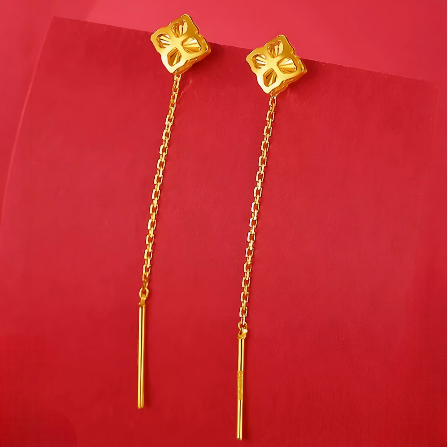 24K Authentic Pure Gold Trendy Lucky Clover Threader Chain Earrings