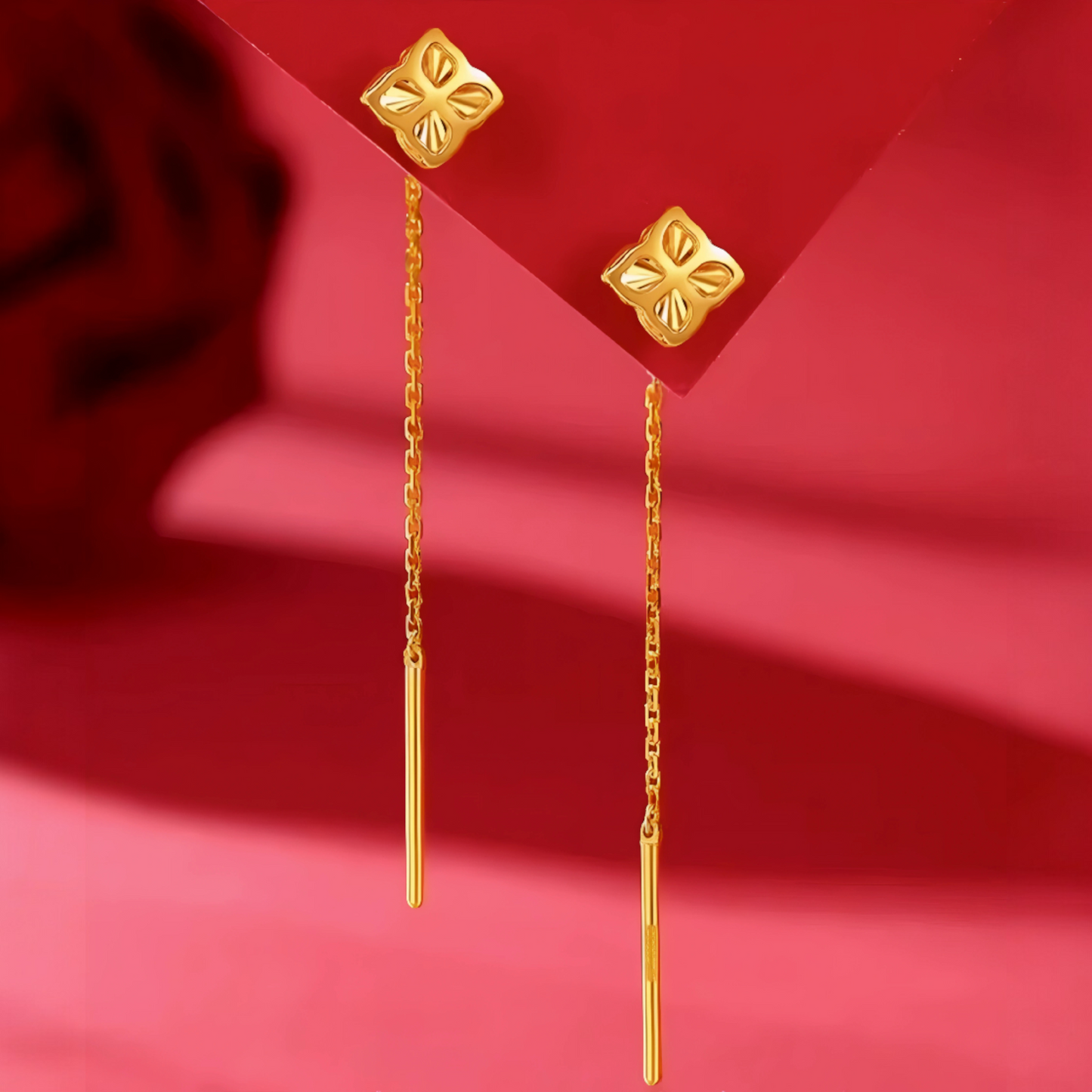 24K Authentic Pure Gold Trendy Lucky Clover Threader Chain Earrings