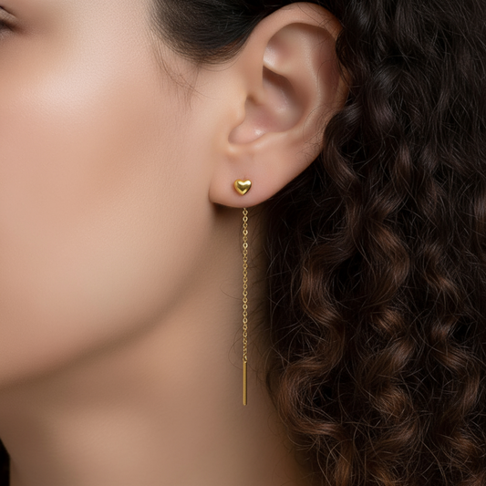 24K Gold Trendy Threader Heart Charm Chain Tassel Earrings