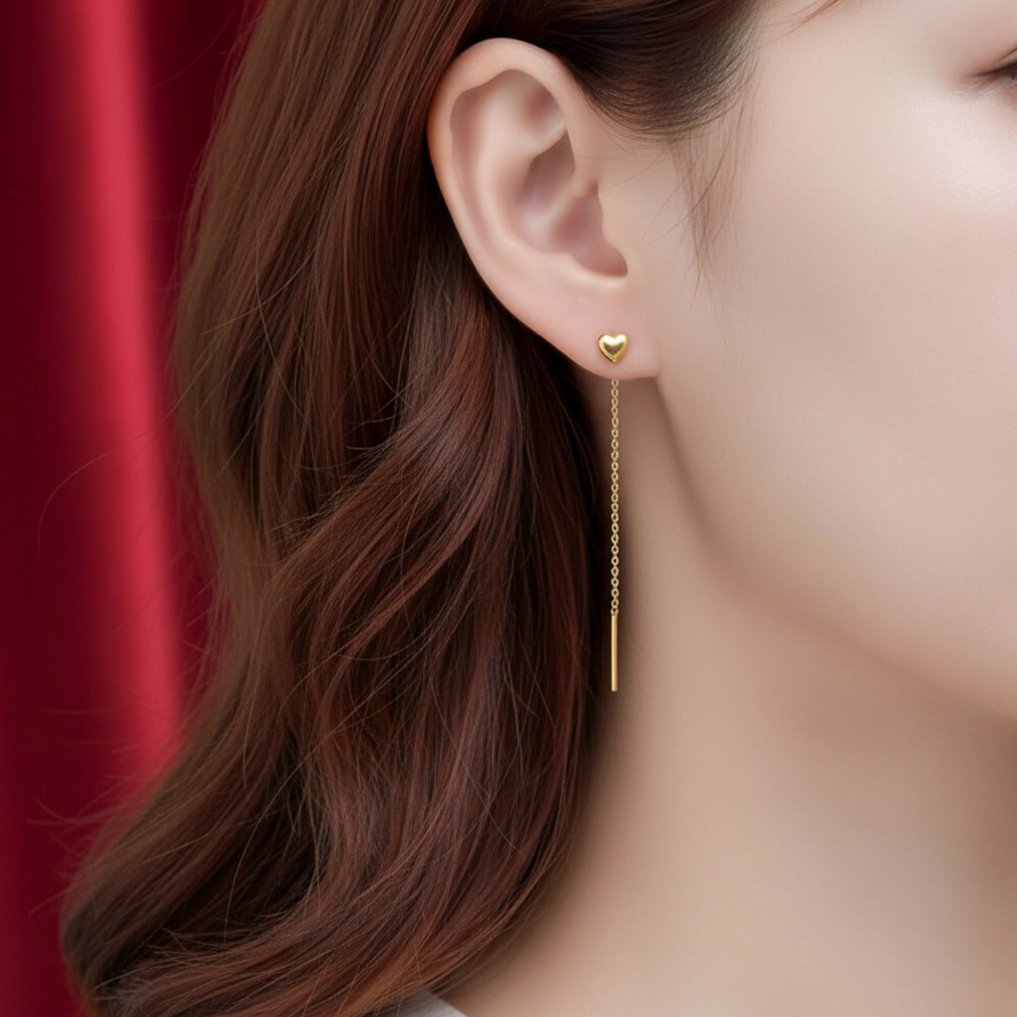 24K Gold Trendy Threader Heart Charm Chain Tassel Earrings