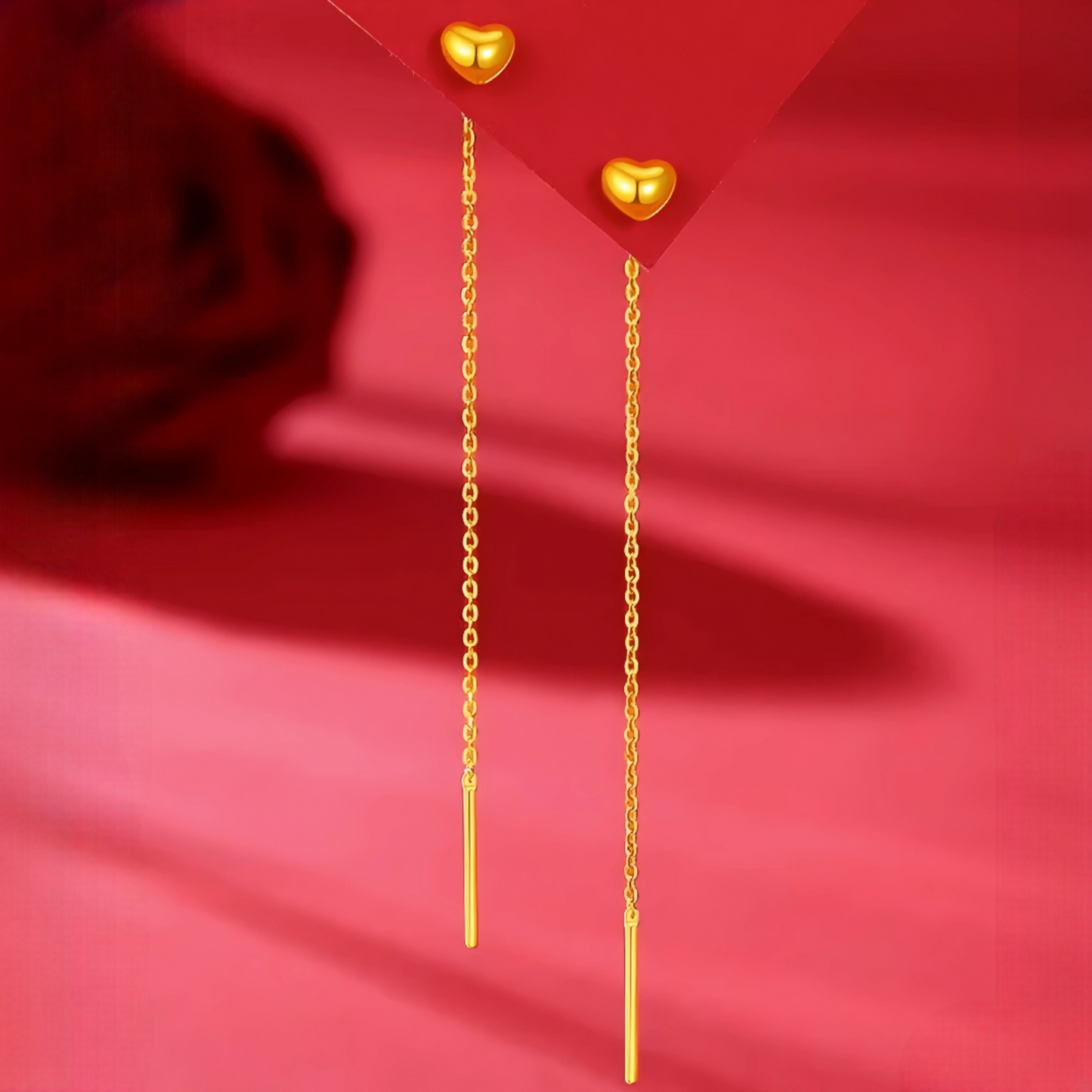 24K Gold Trendy Threader Heart Charm Chain Tassel Earrings