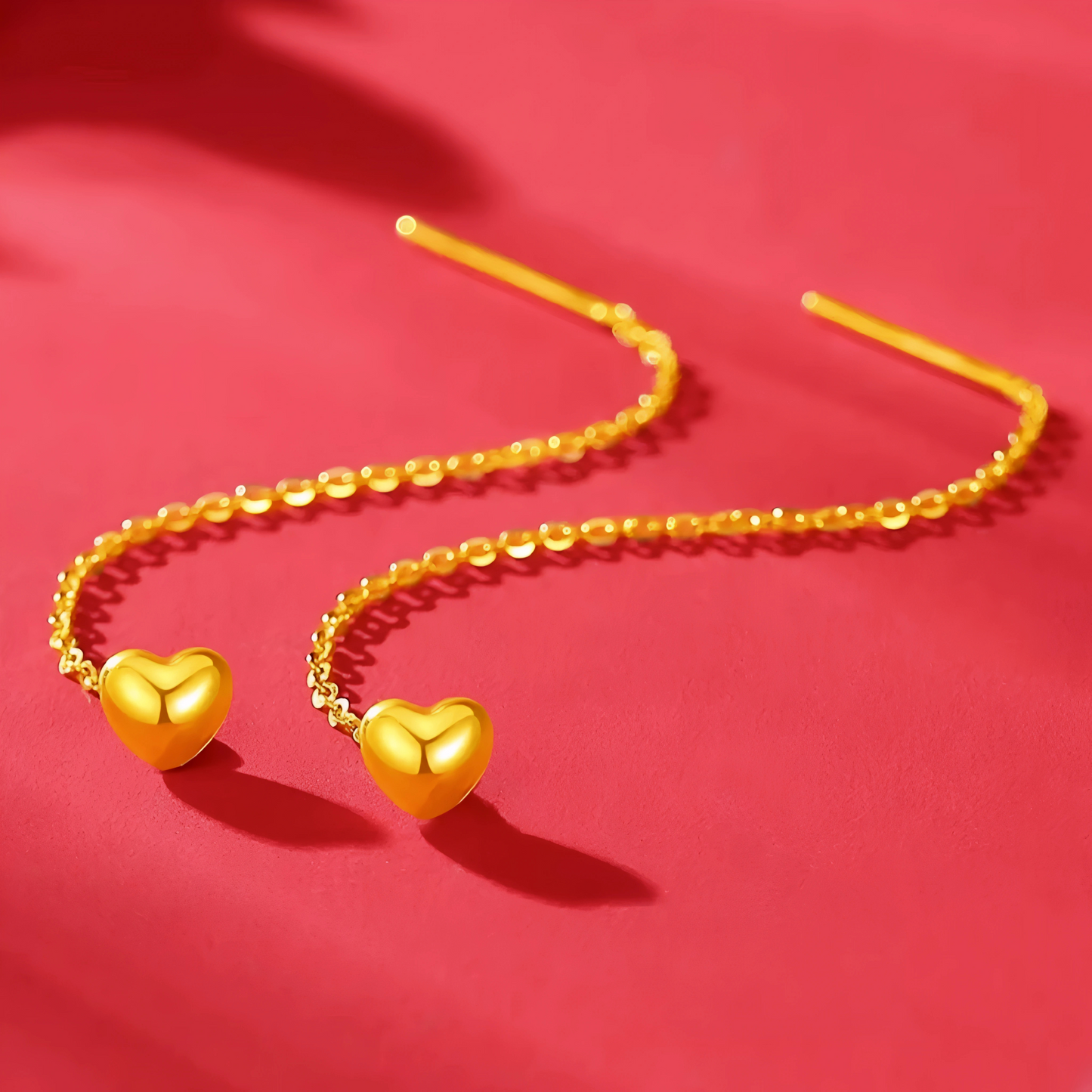 24K Gold Trendy Threader Heart Charm Chain Tassel Earrings