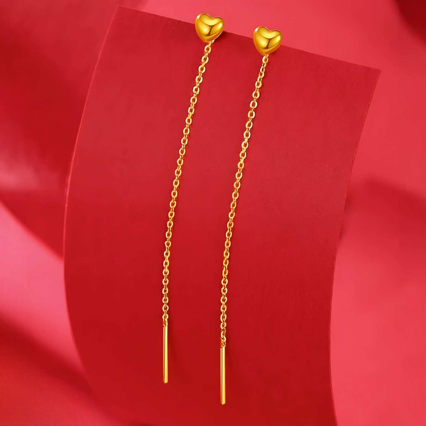 24K Gold Trendy Threader Heart Charm Chain Tassel Earrings