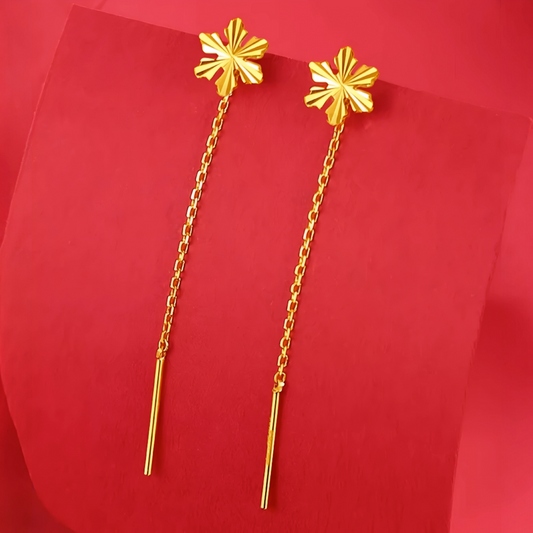 24K 999 Gold Trendy Threader Snowflake Charm Chain Tassel Earrings