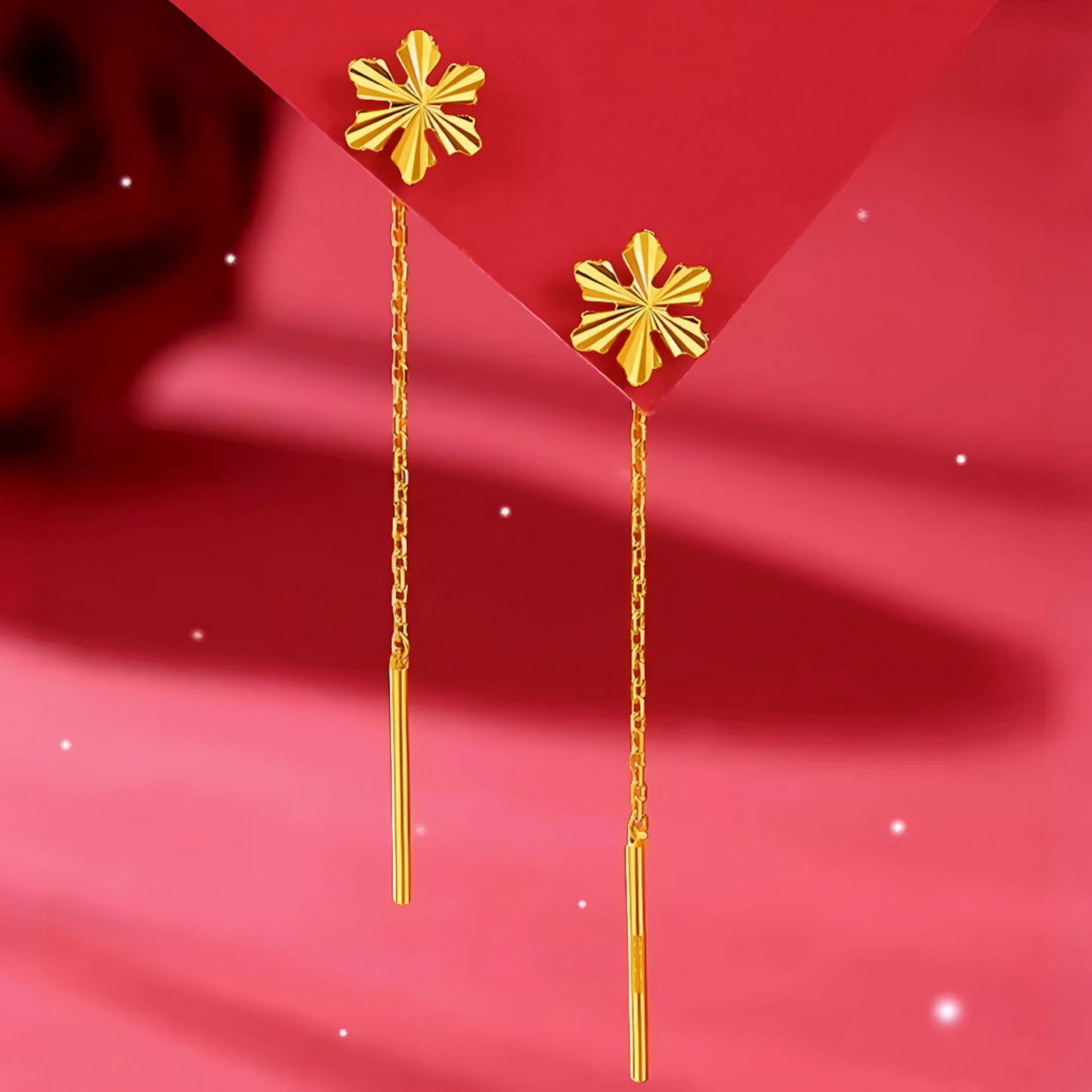 24K 999 Gold Trendy Threader Snowflake Charm Chain Tassel Earrings