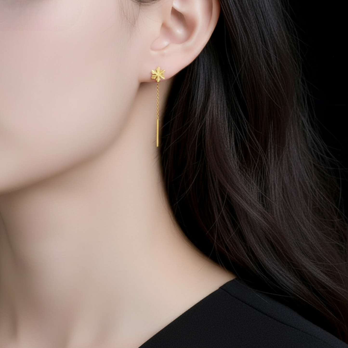 24K 999 Gold Trendy Threader Snowflake Charm Chain Tassel Earrings