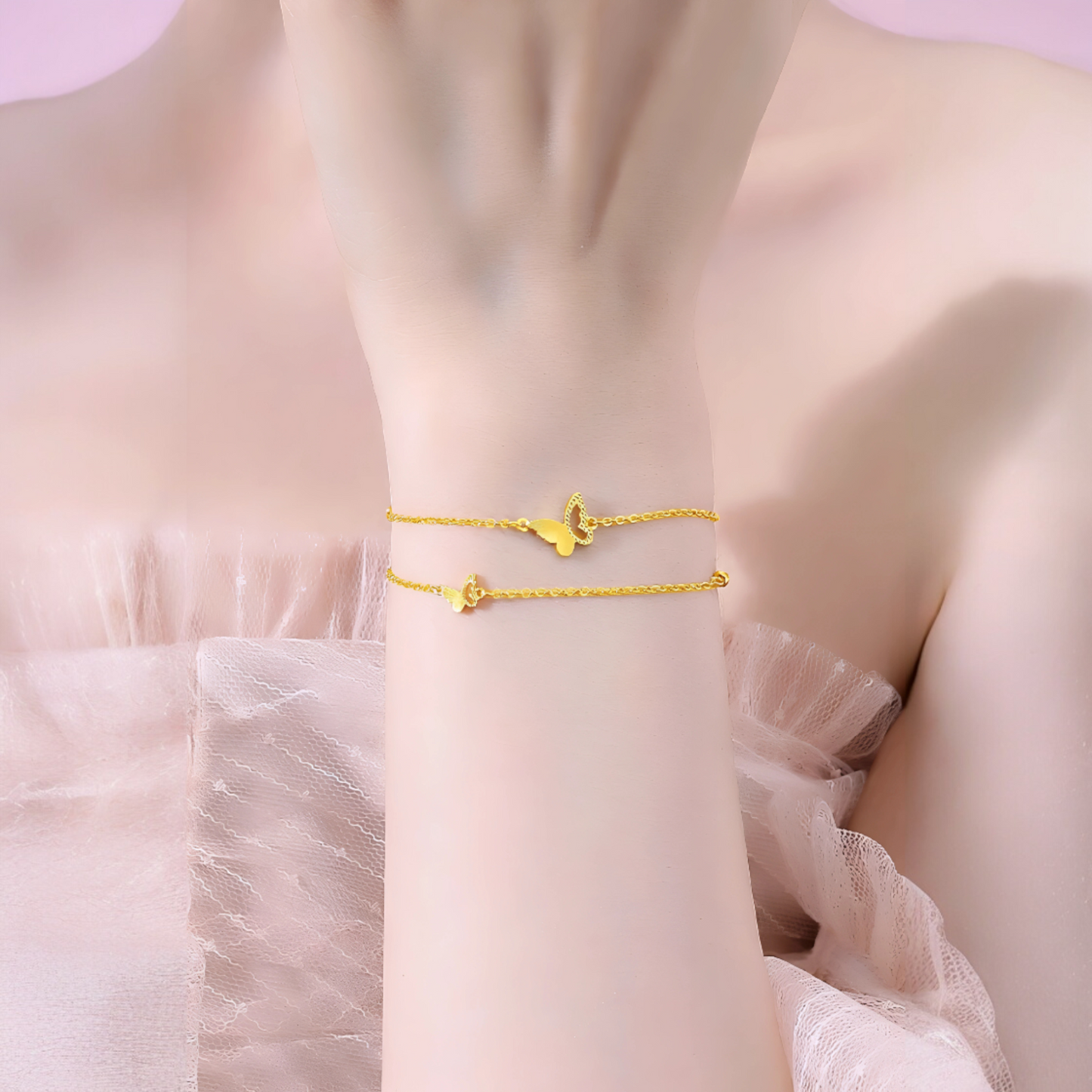 24K Yellow Gold Shinning Butterfly Charm Double Layer Chain Bracelet