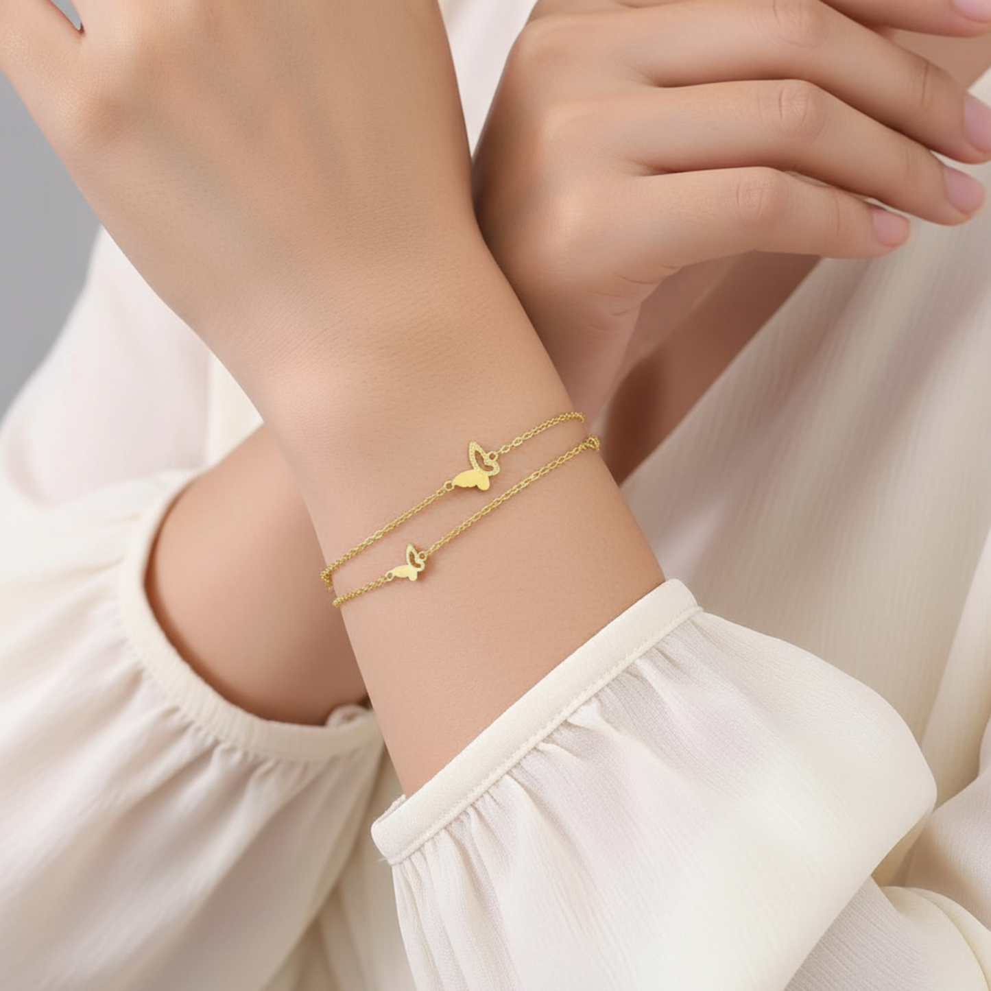24K Yellow Gold Shinning Butterfly Charm Double Layer Chain Bracelet