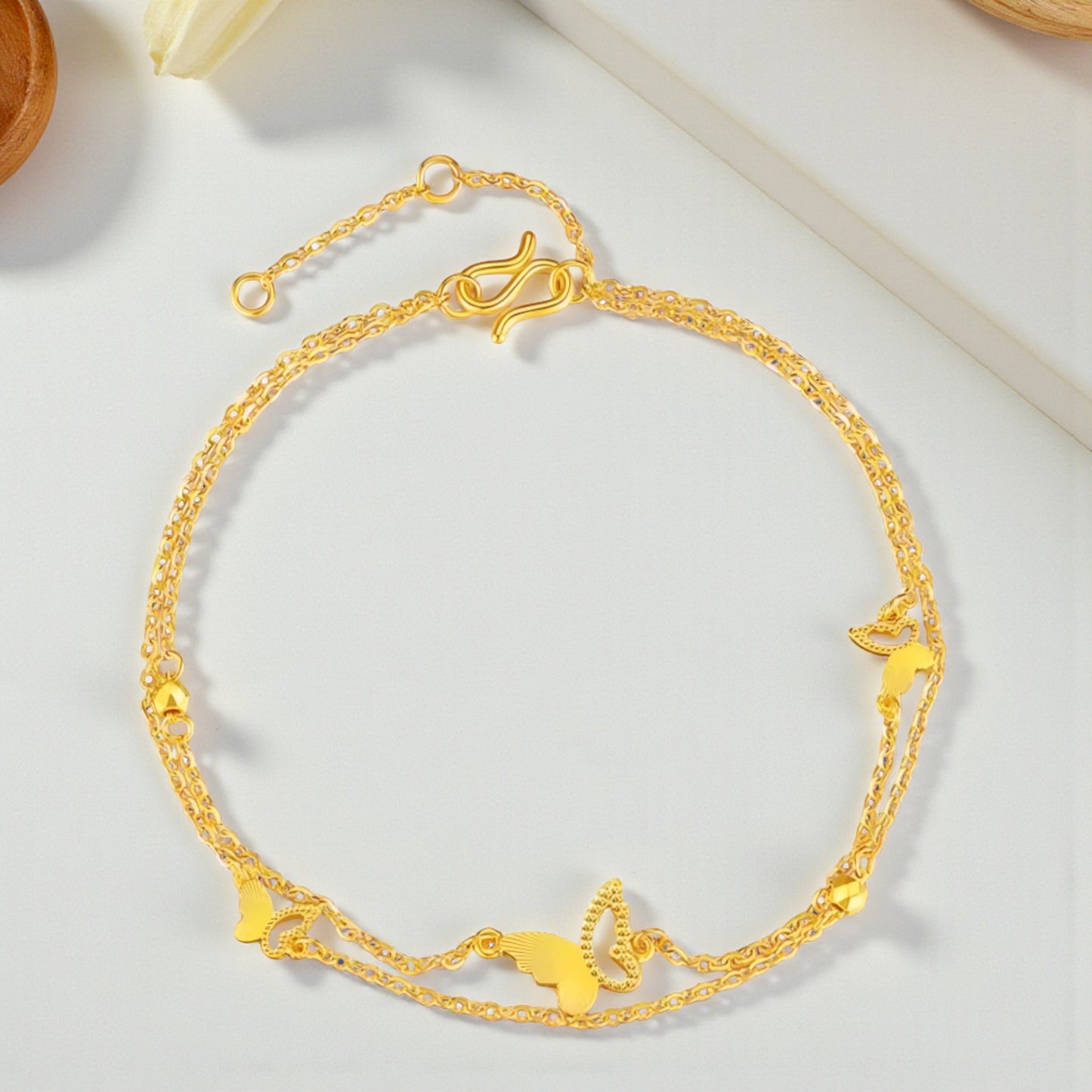 24K Yellow Gold Shinning Butterfly Charm Double Layer Chain Bracelet