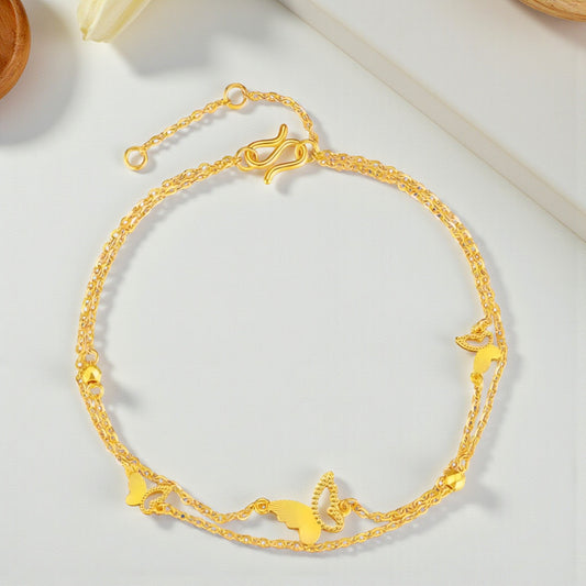 24K Yellow Gold Shinning Butterfly Charm Double Layer Chain Bracelet