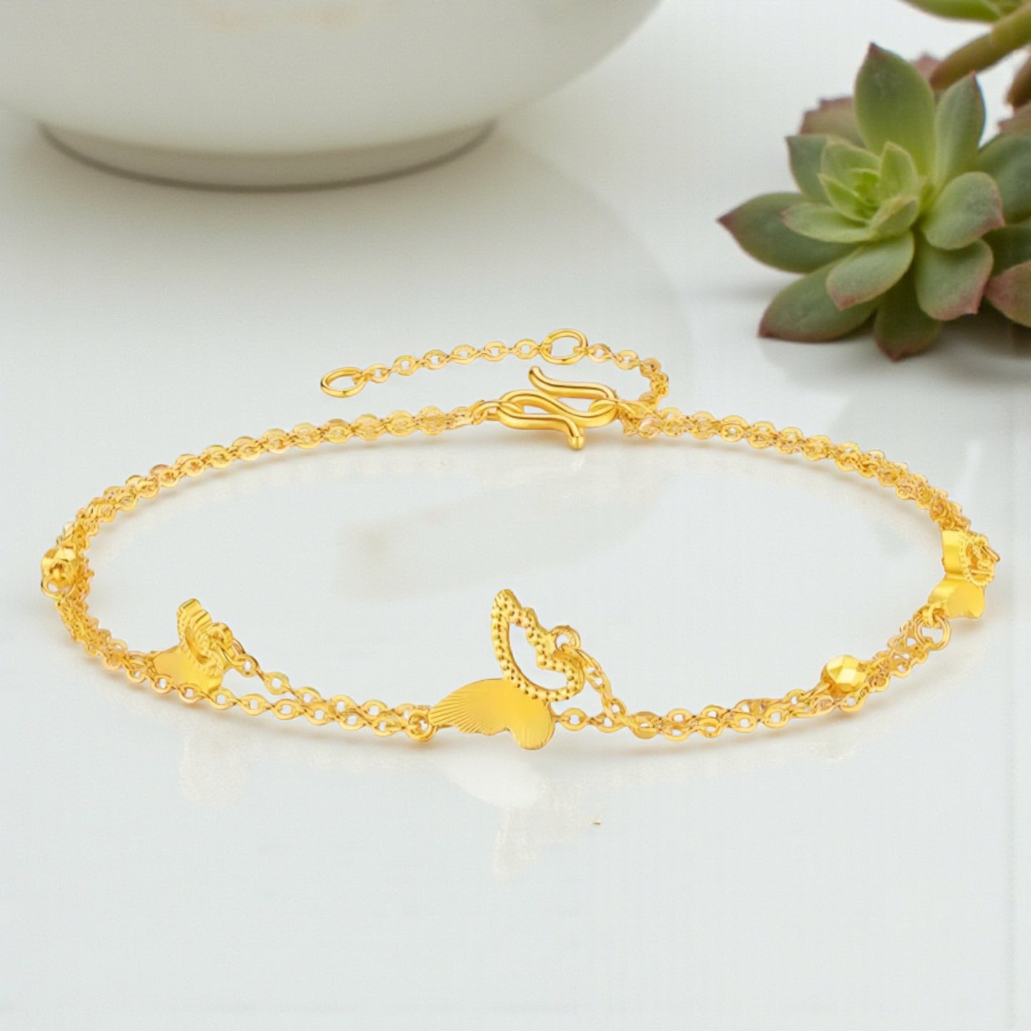 24K Yellow Gold Shinning Butterfly Charm Double Layer Chain Bracelet