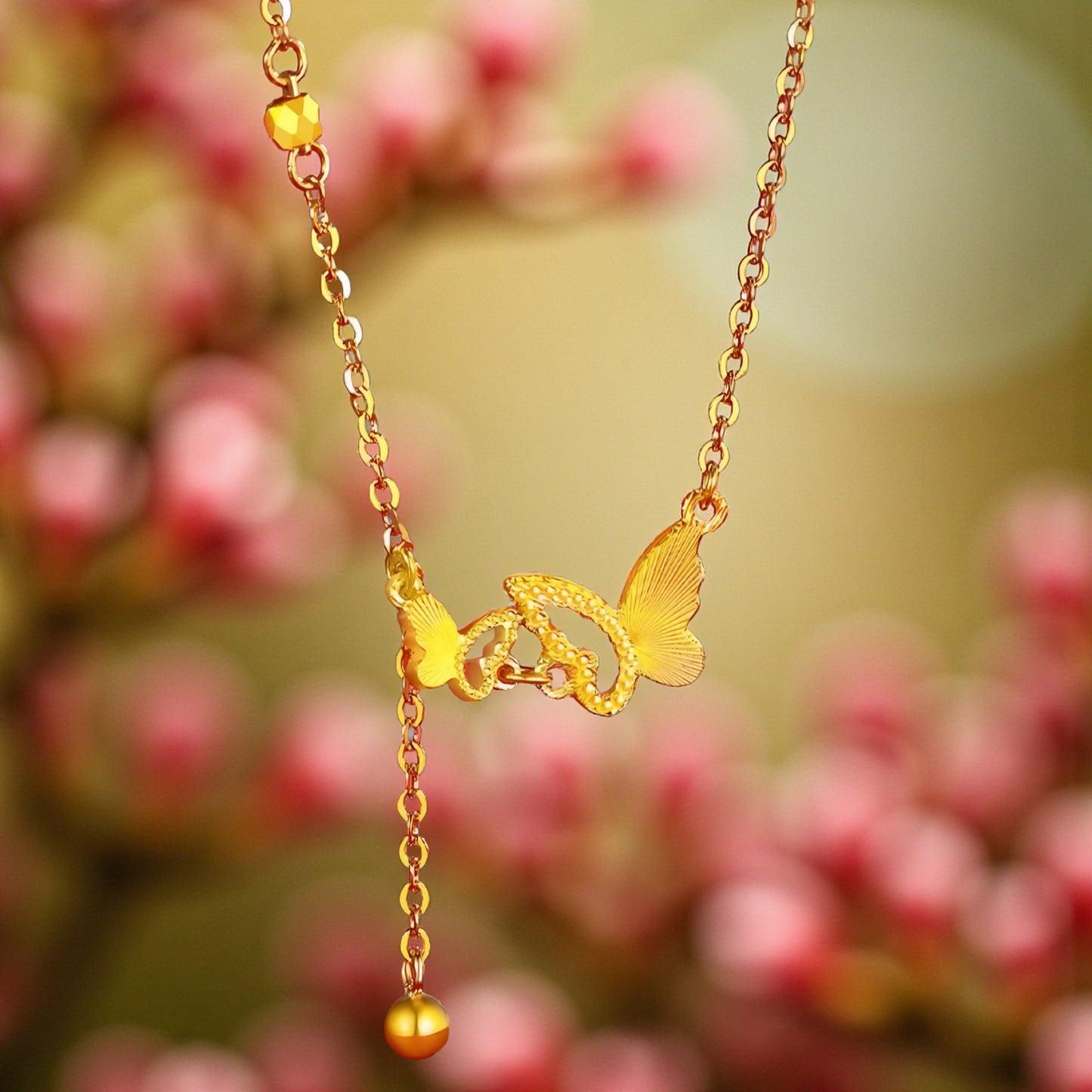 24K 999 Gold Chain Butterfly Pendant Dangle charm Necklace