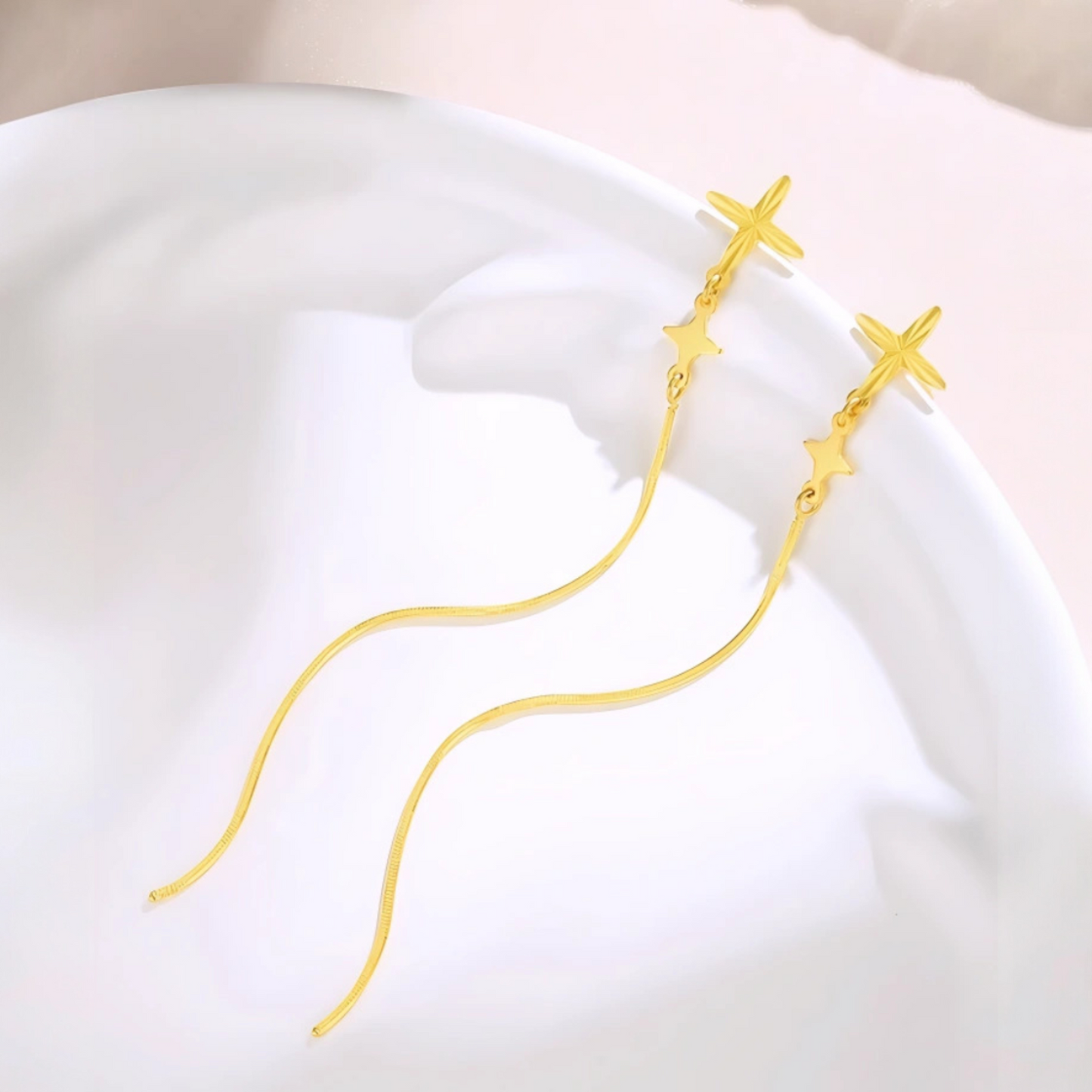 24K 999 Gold Trendy Threader Cross Charm Chain Tassel Earrings