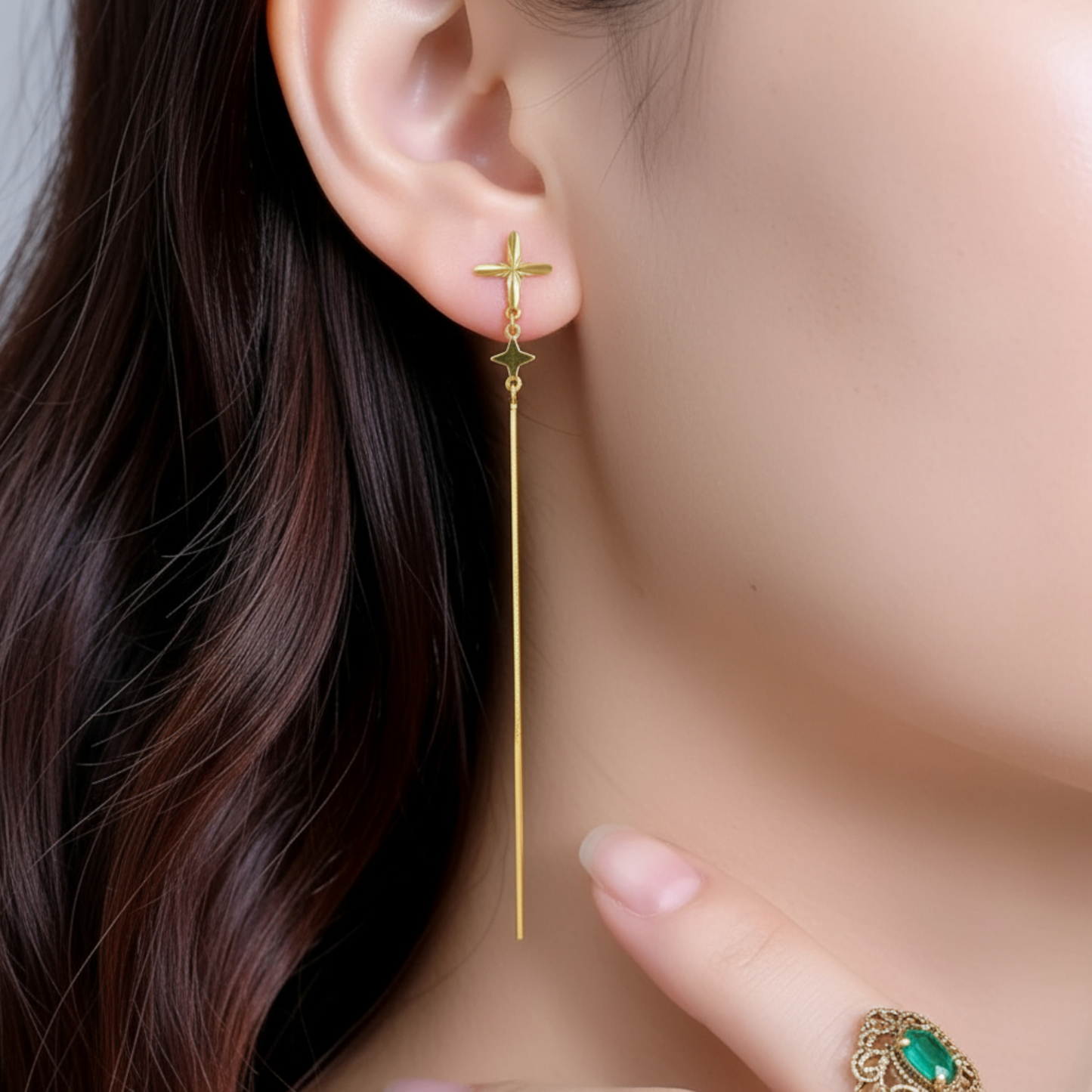 24K 999 Gold Trendy Threader Cross Charm Chain Tassel Earrings