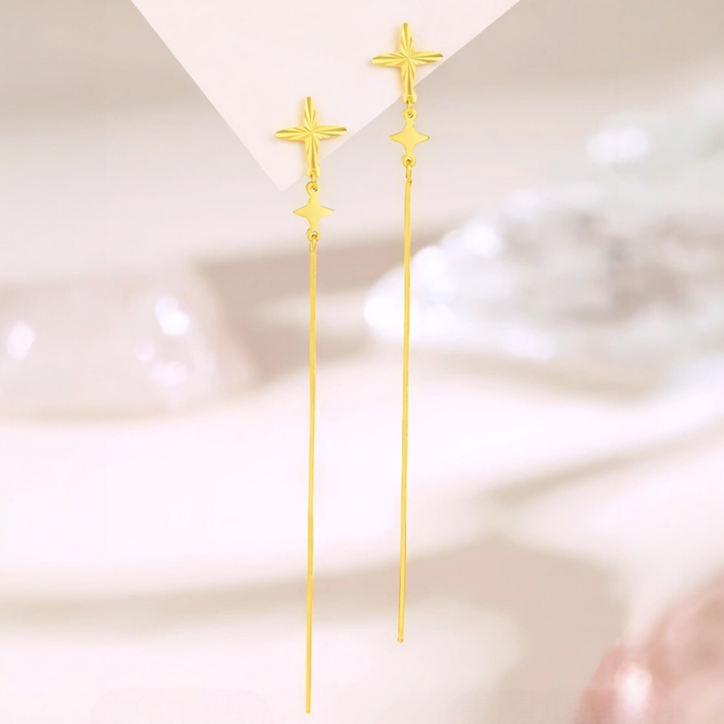 24K 999 Gold Trendy Threader Cross Charm Chain Tassel Earrings