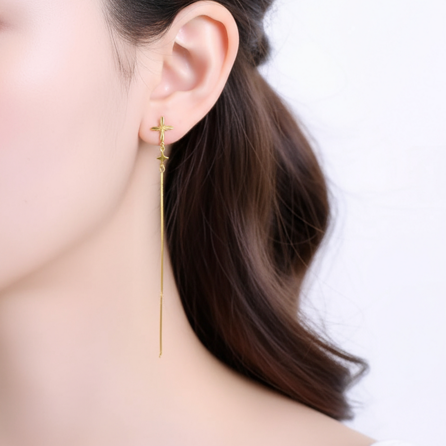 24K 999 Gold Trendy Threader Cross Charm Chain Tassel Earrings
