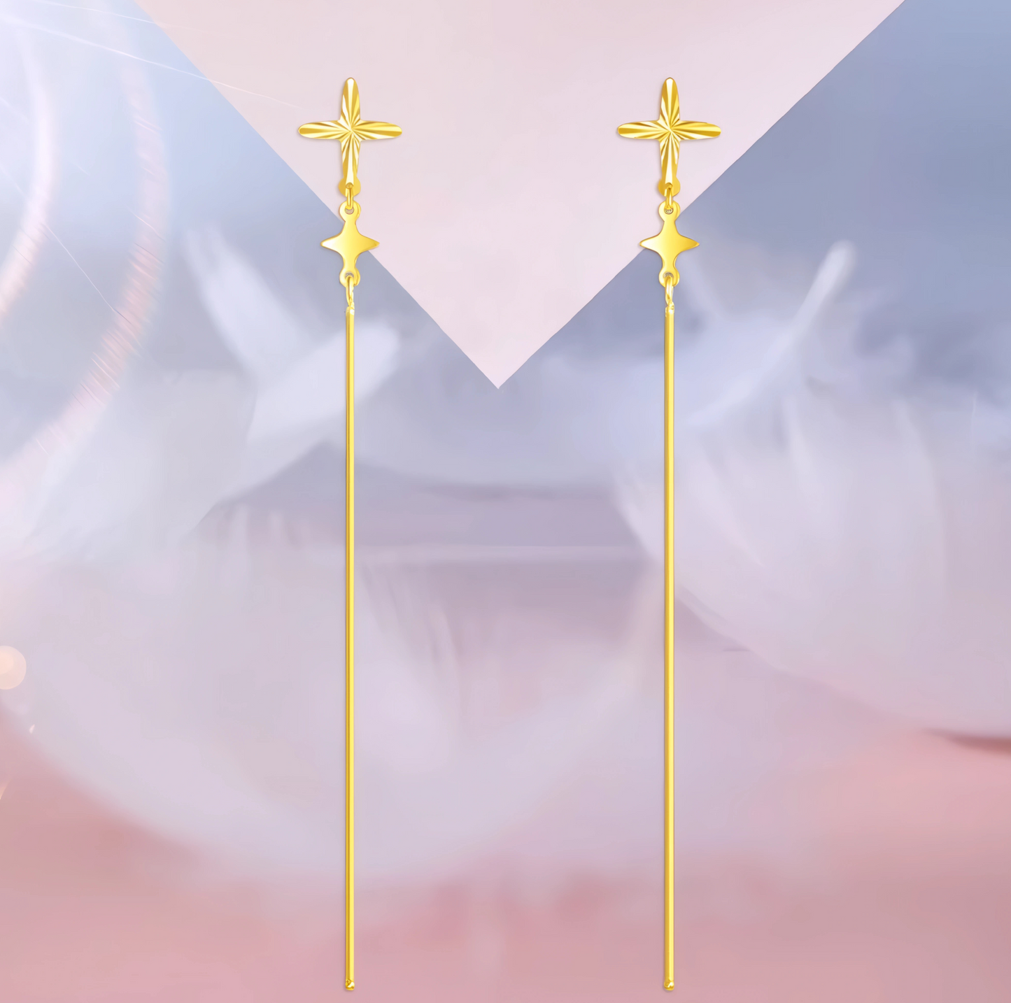 24K 999 Gold Trendy Threader Cross Charm Chain Tassel Earrings