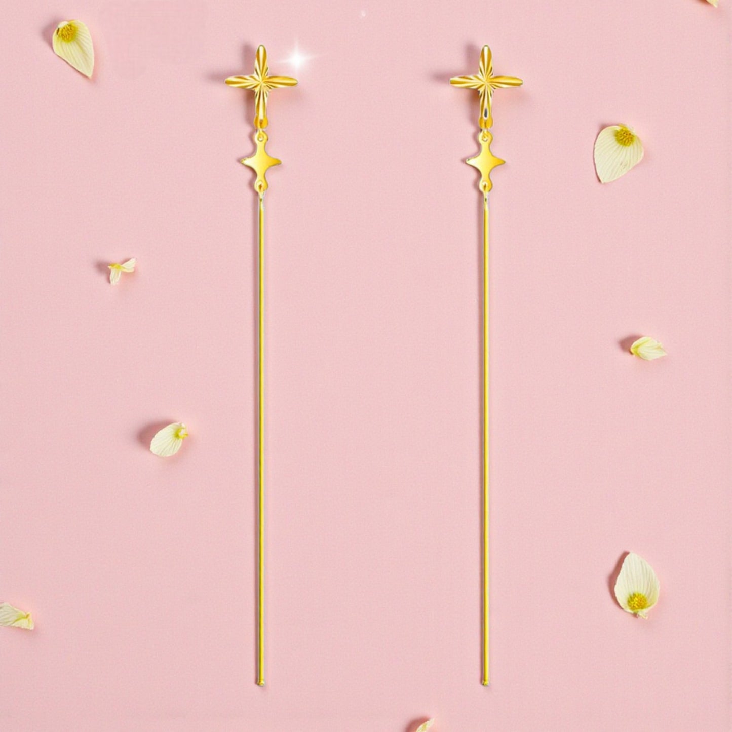 24K 999 Gold Trendy Threader Cross Charm Chain Tassel Earrings