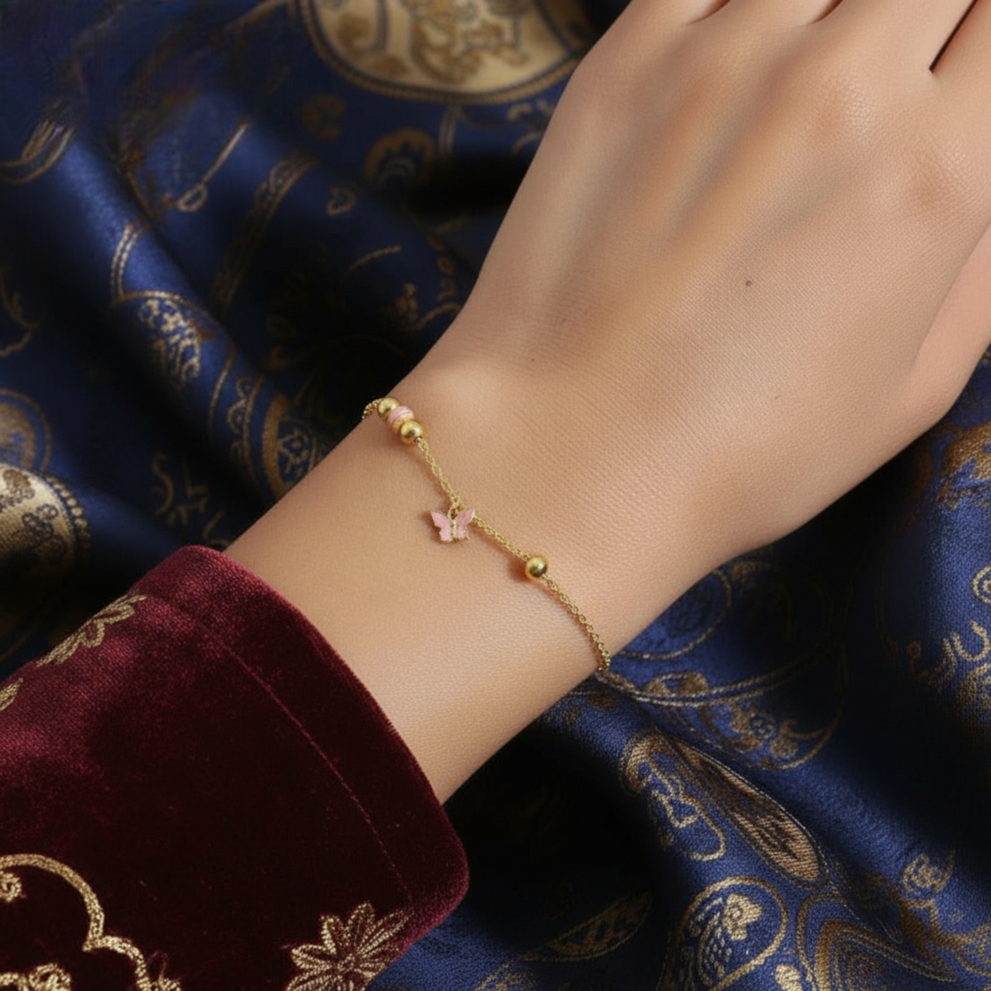 24K Gold Beads Enamel Butterfly Charm Bracelet