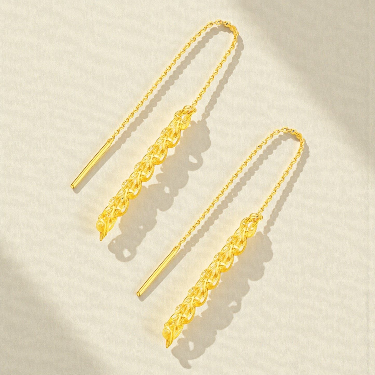 24K 999 Gold Unique and Trendy Phoenix Tail Threader Tassels Earrings