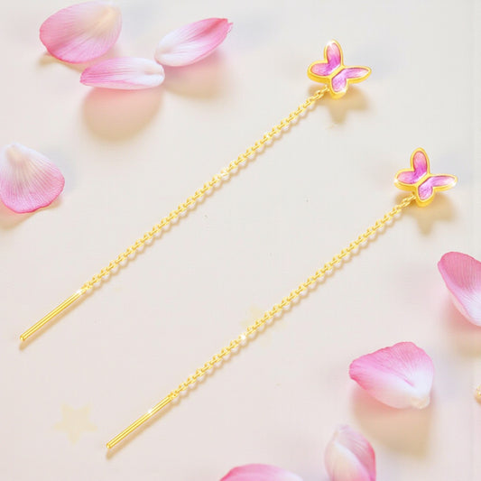 24K 999 Gold Unique and Trendy Enamel Butterfly Threader Tassels Earrings