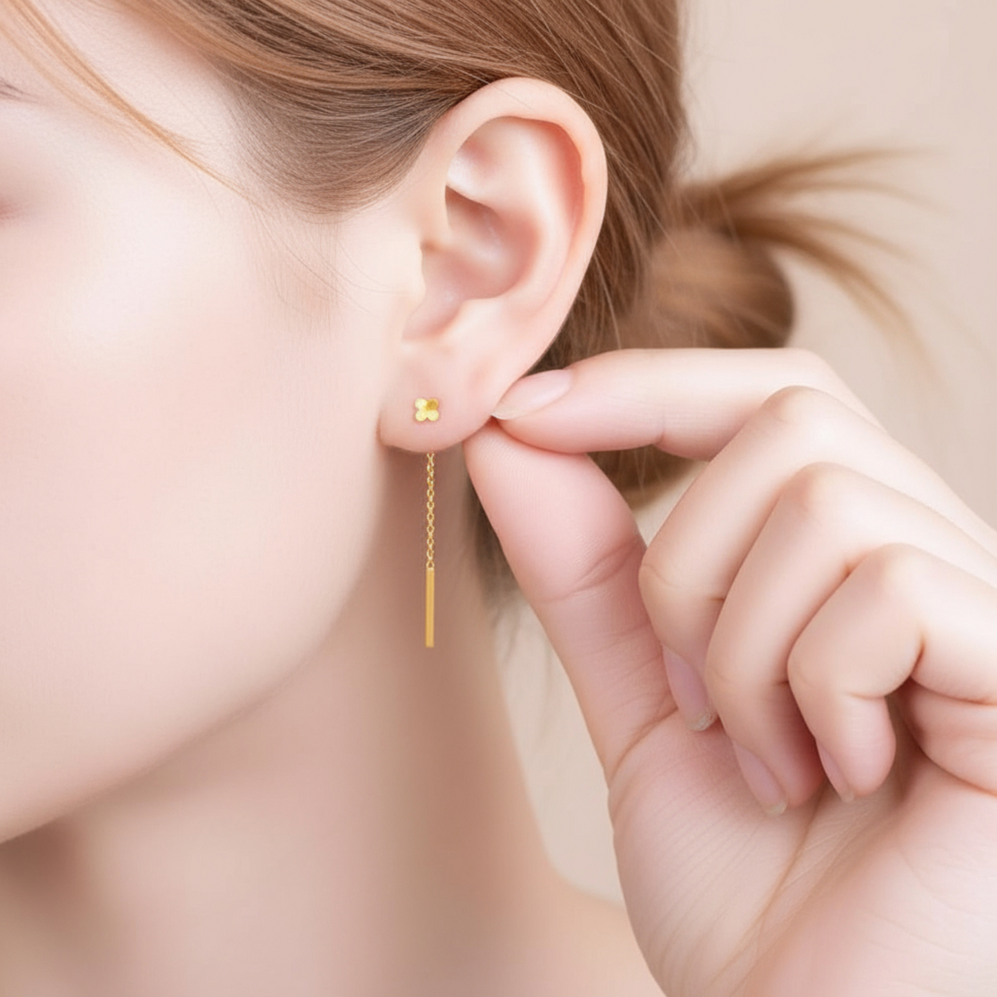 24K Pure Gold Trendy Lucky Clover Threader Chain Earrings