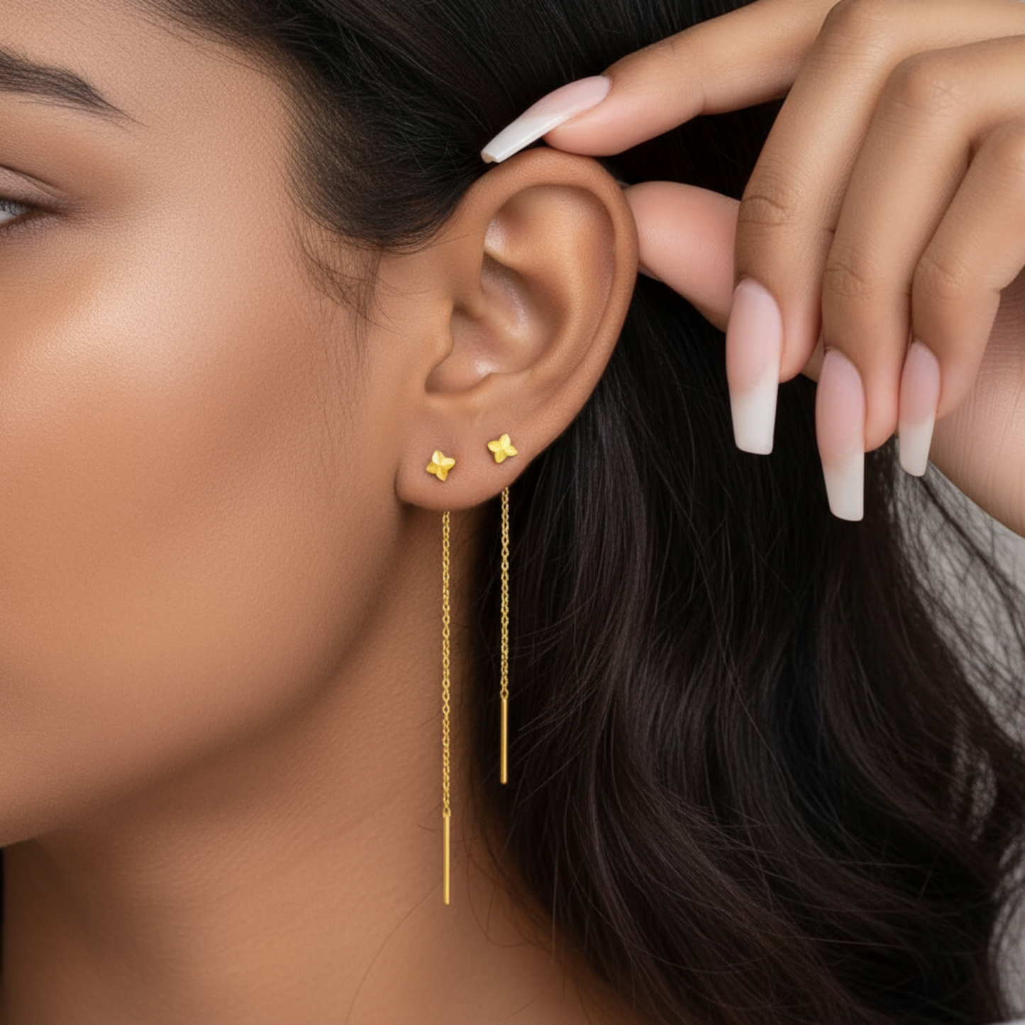 24K Pure Gold Trendy Lucky Clover Threader Chain Earrings