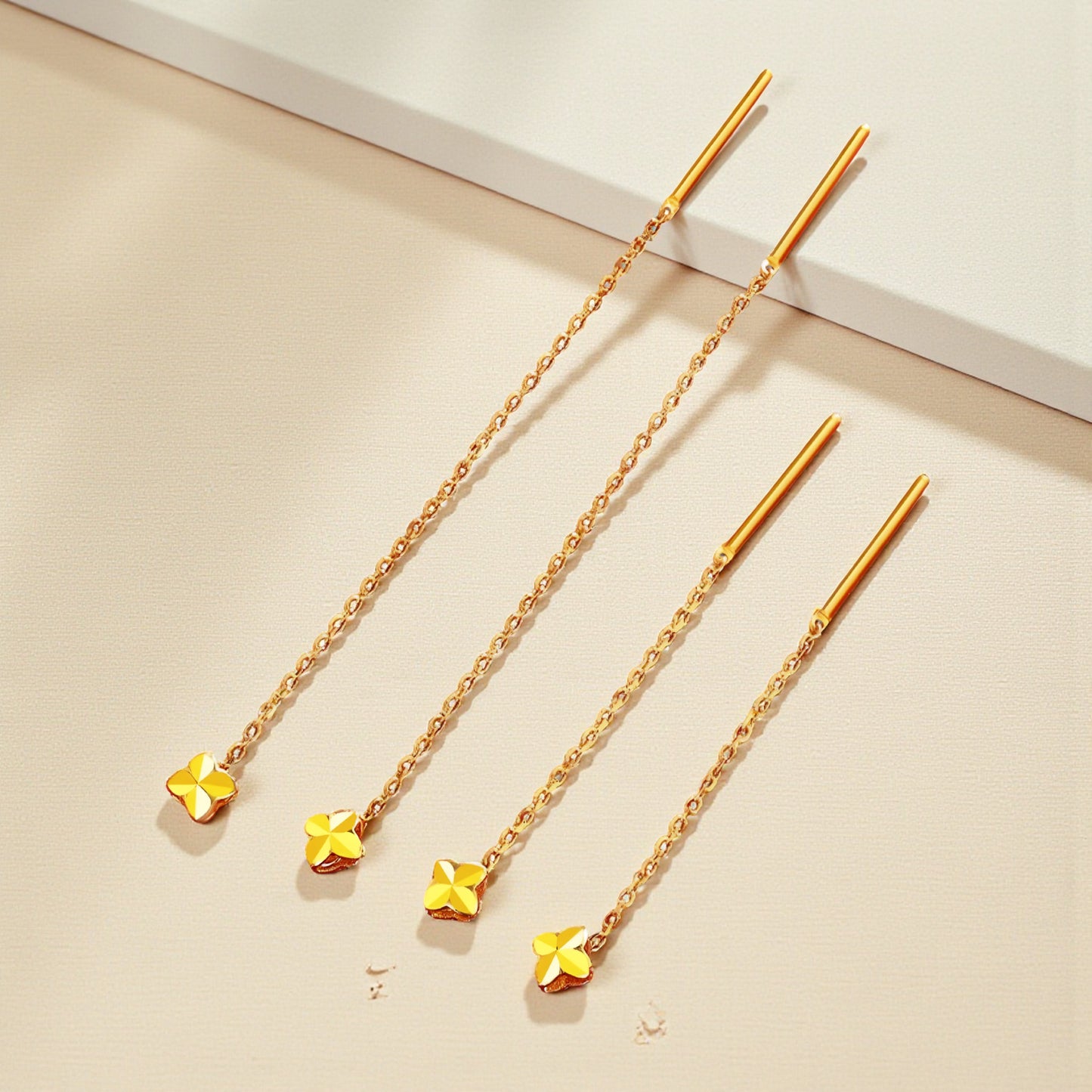 24K Pure Gold Trendy Lucky Clover Threader Chain Earrings