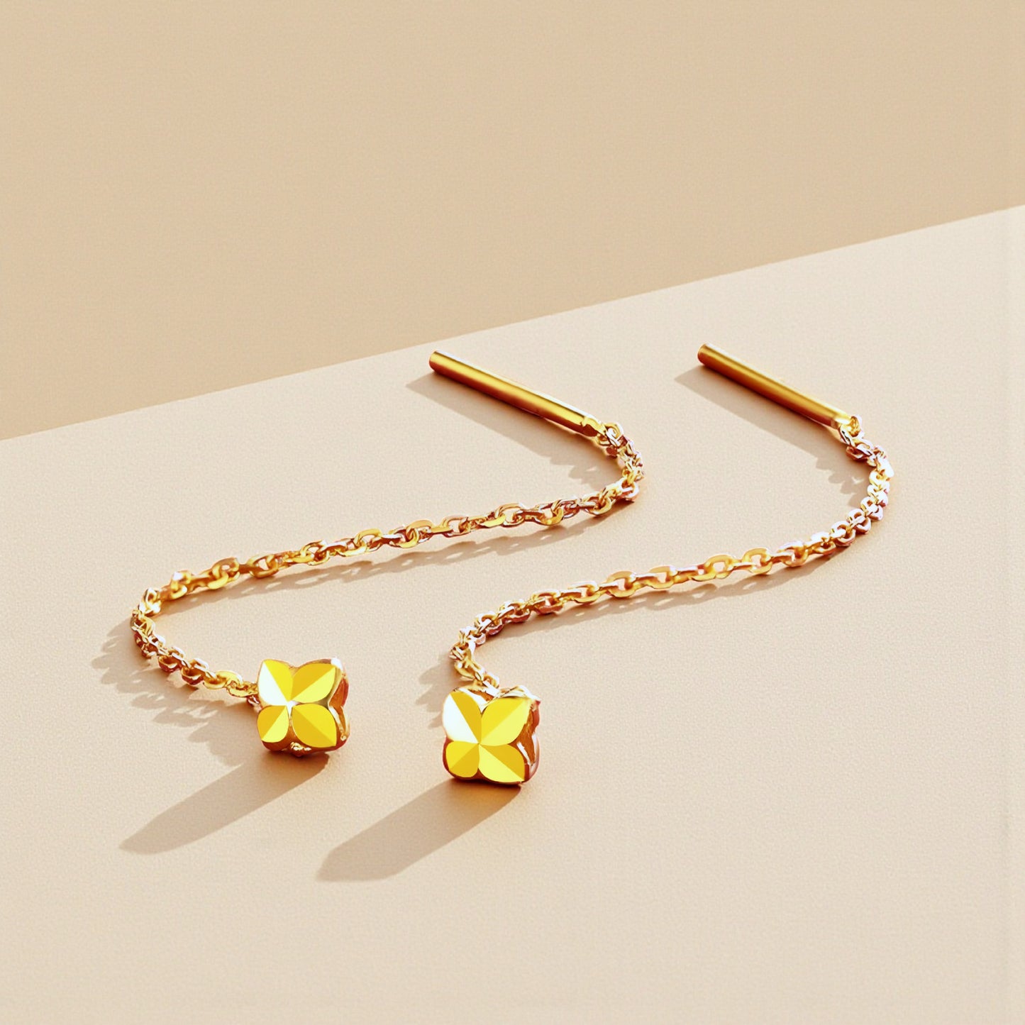 24K Pure Gold Trendy Lucky Clover Threader Chain Earrings