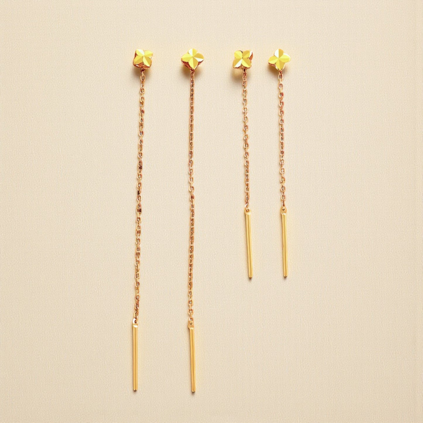 24K Pure Gold Trendy Lucky Clover Threader Chain Earrings