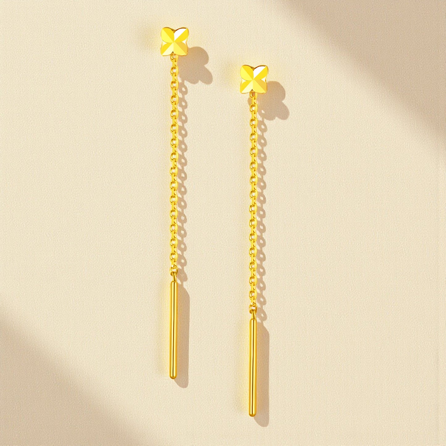 24K Pure Gold Trendy Lucky Clover Threader Chain Earrings