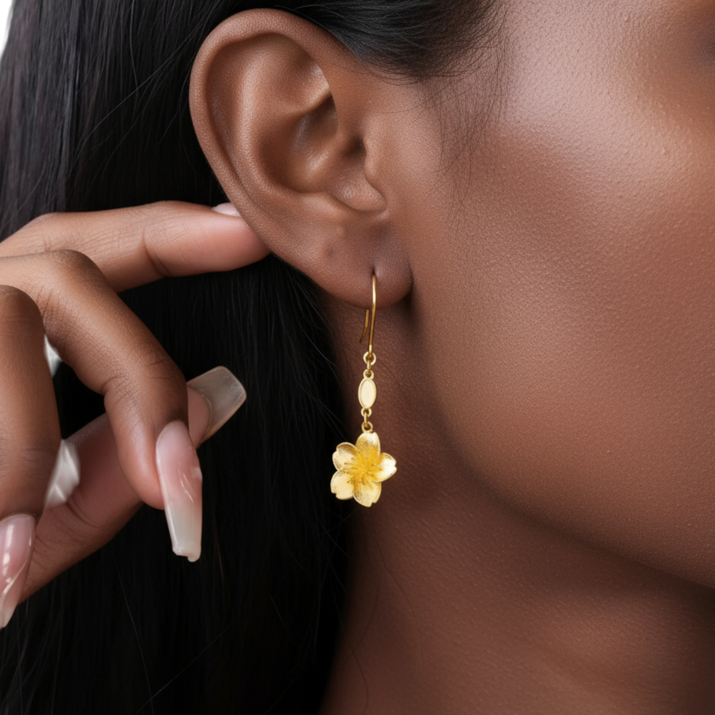 24K Pure Gold Trendy Cherry Blossom Flower Hook Earrings