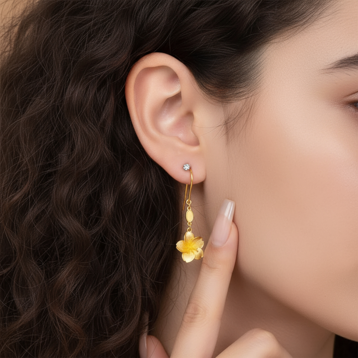 24K Pure Gold Trendy Cherry Blossom Flower Hook Earrings