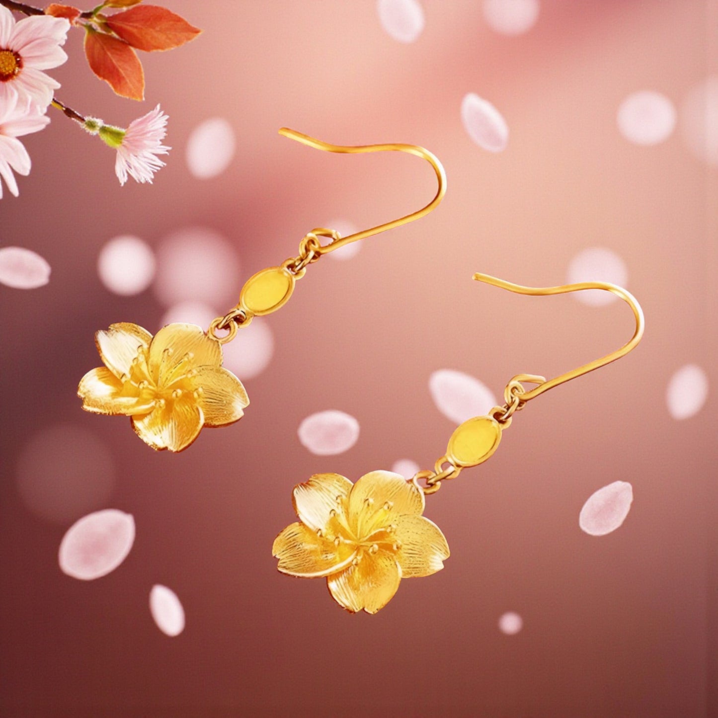 24K Pure Gold Trendy Cherry Blossom Flower Hook Earrings