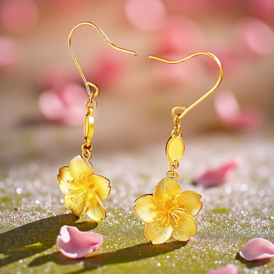 24K Pure Gold Trendy Cherry Blossom Flower Hook Earrings