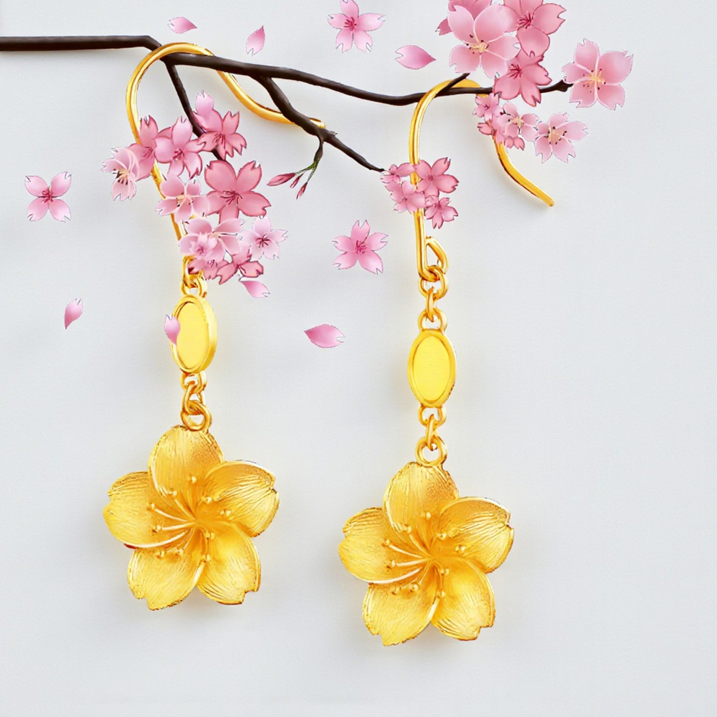 24K Pure Gold Trendy Cherry Blossom Flower Hook Earrings