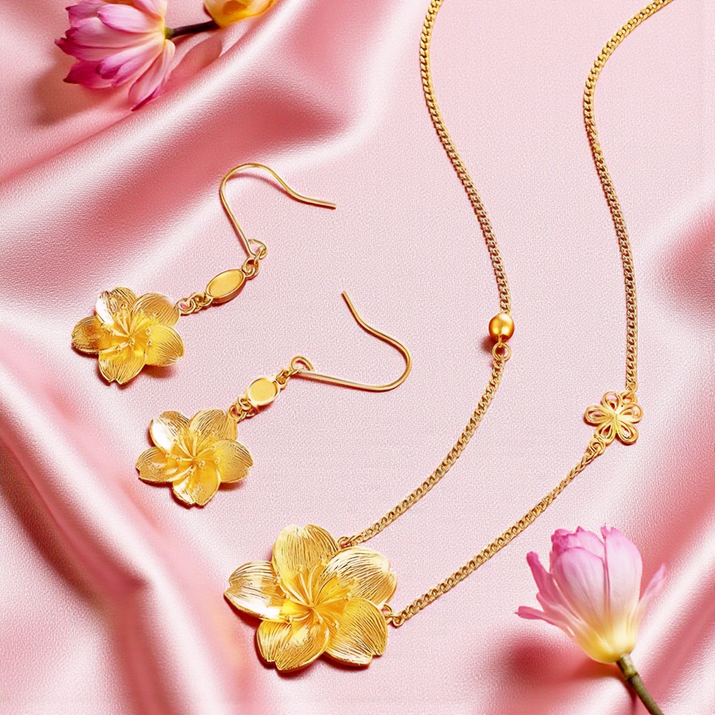 24K Pure Gold Trendy Cherry Blossom Flower Hook Earrings