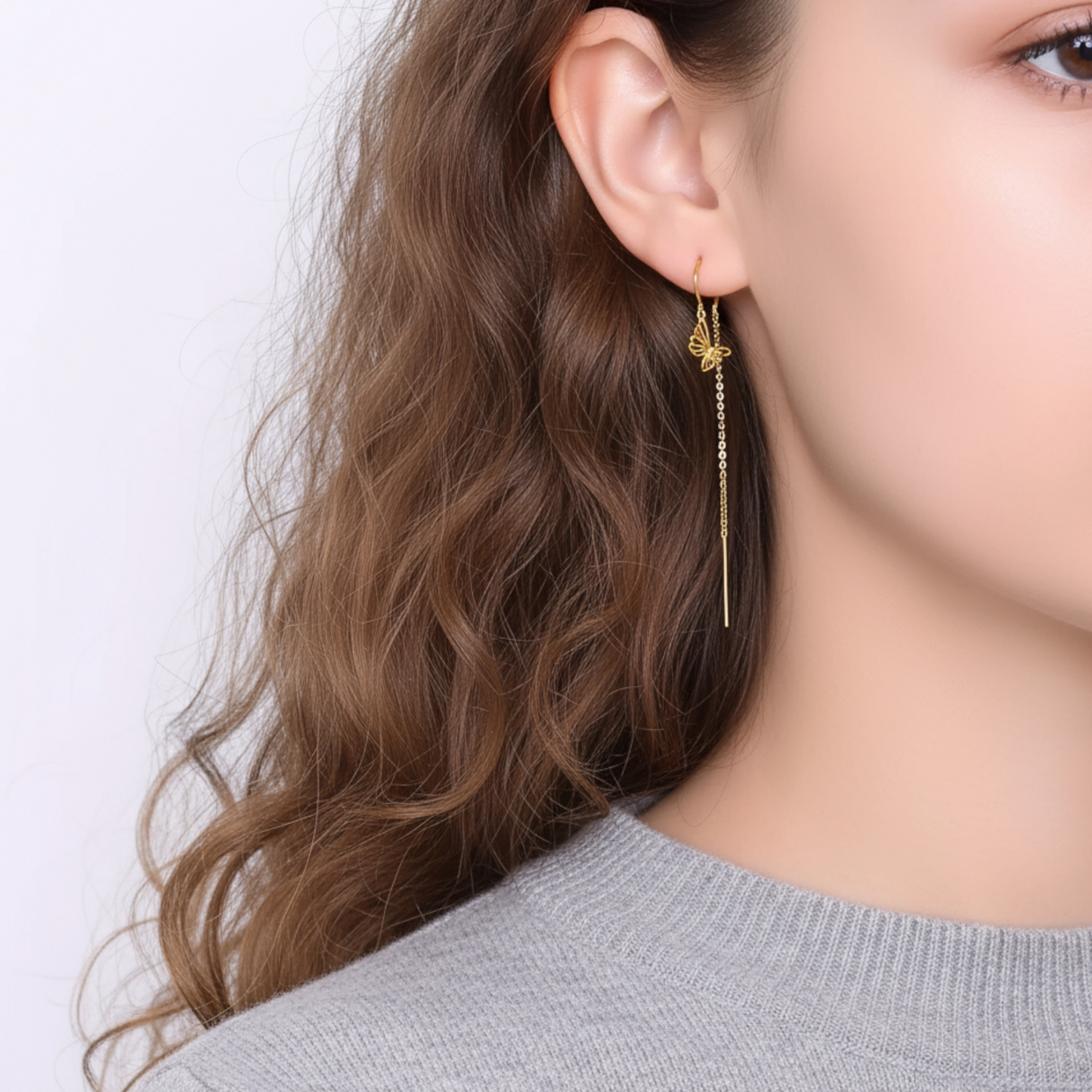 24K Gold Trendy Butterfly Threader Chain Tassel Earrings
