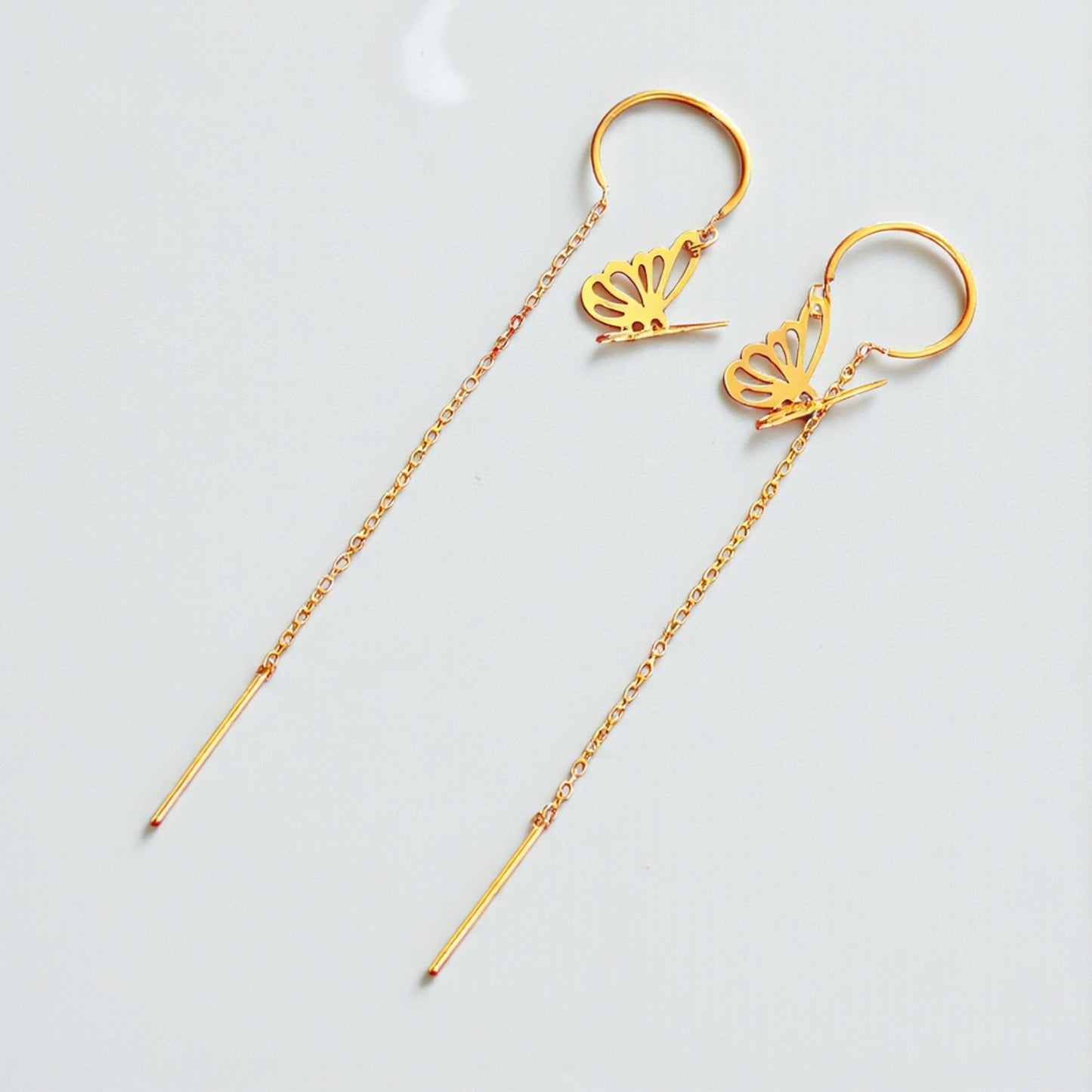 24K Gold Trendy Butterfly Threader Chain Tassel Earrings