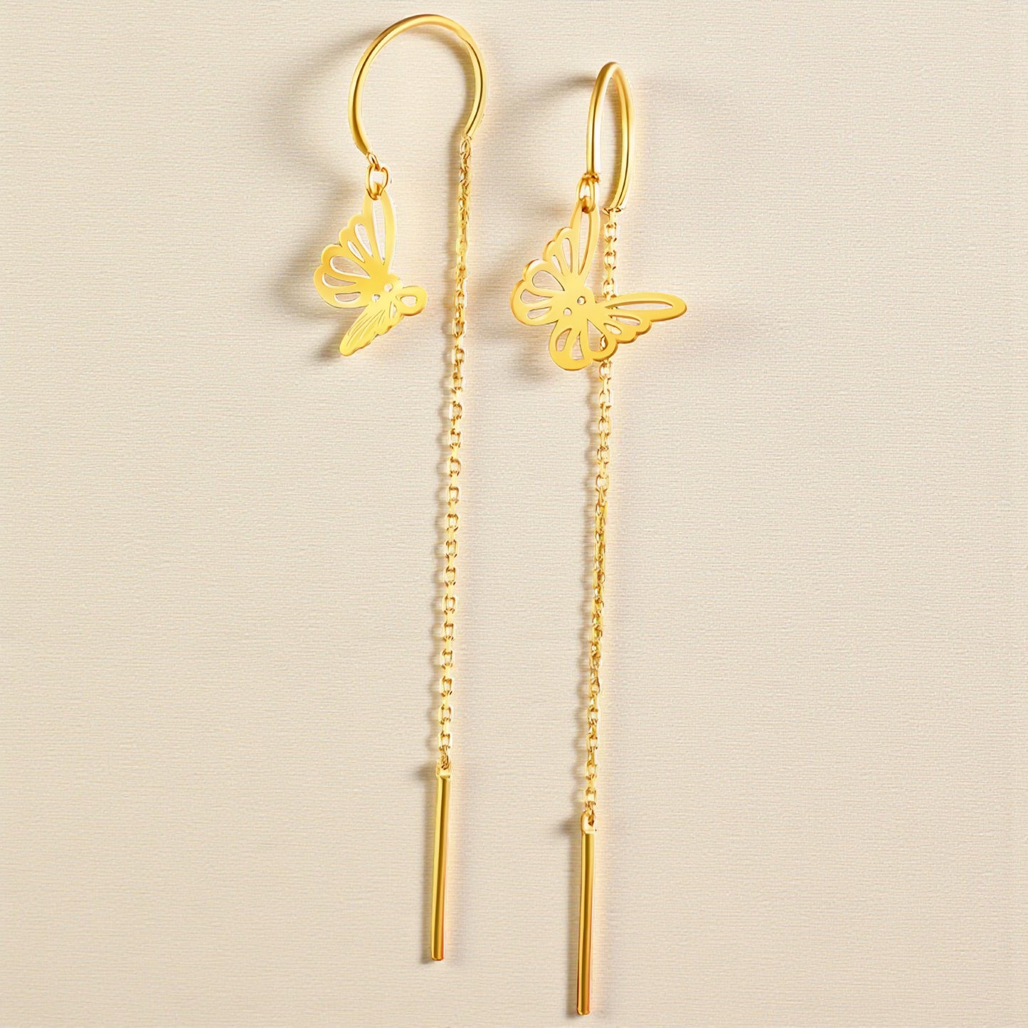 24K Gold Trendy Butterfly Threader Chain Tassel Earrings