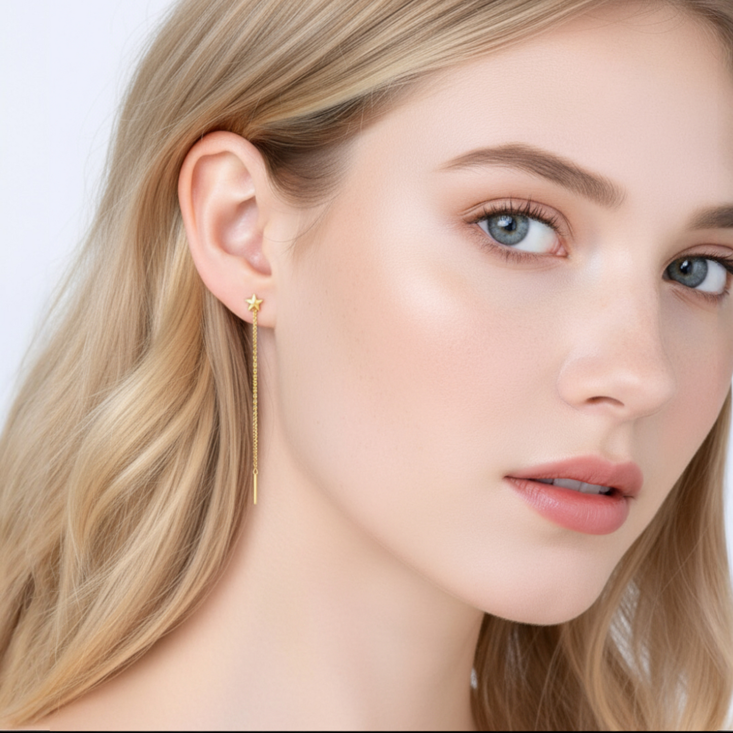 24K 999 Gold Trendy Threader Star Charm Chain Tassel Earrings