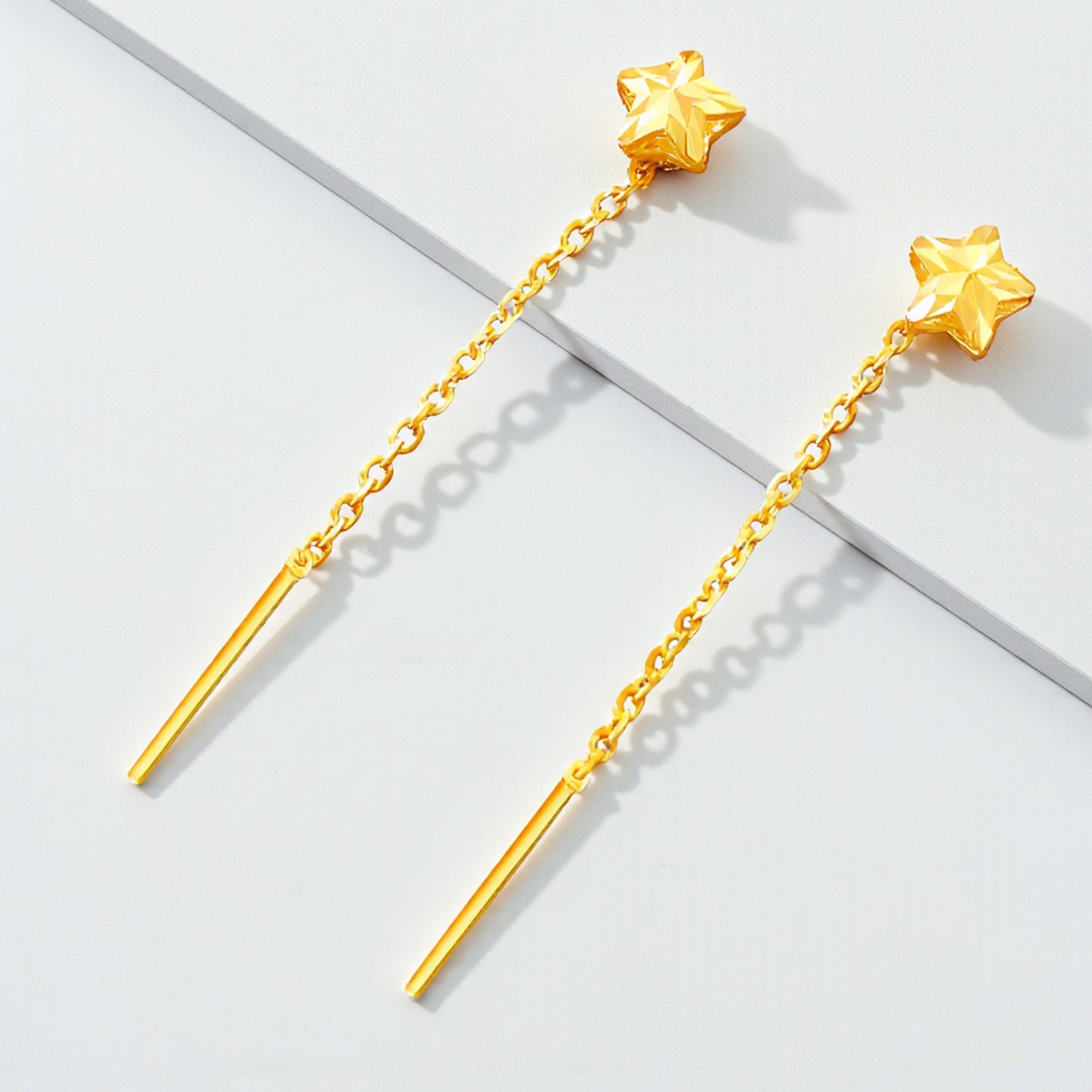 24K 999 Gold Trendy Threader Star Charm Chain Tassel Earrings