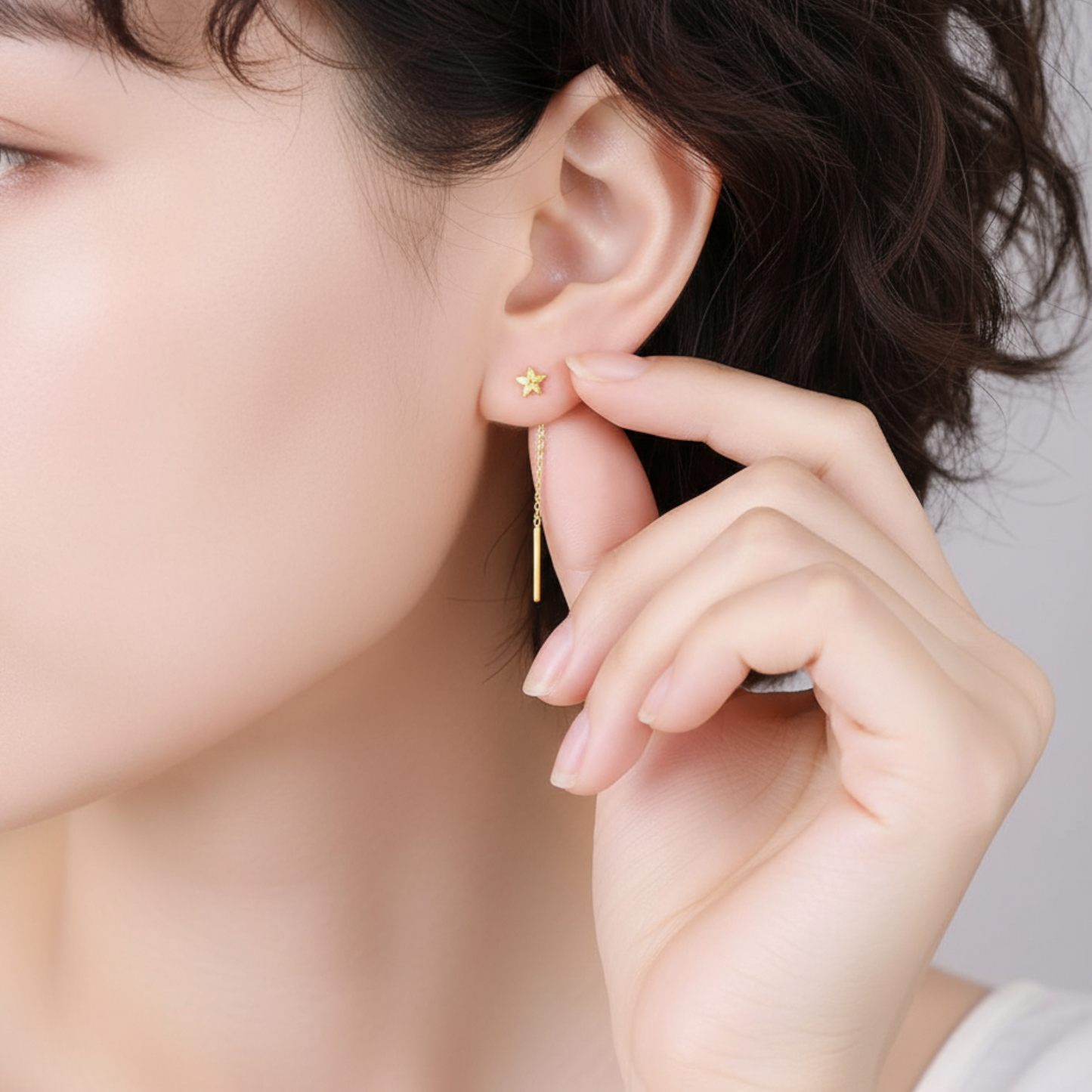 24K 999 Gold Trendy Threader Star Charm Chain Tassel Earrings