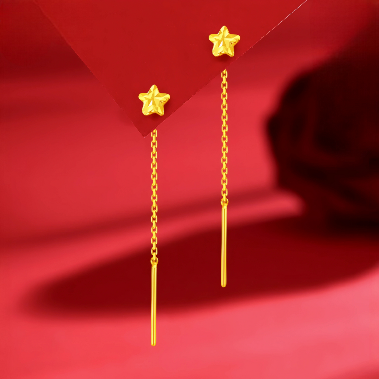 24K 999 Gold Trendy Threader Star Charm Chain Tassel Earrings