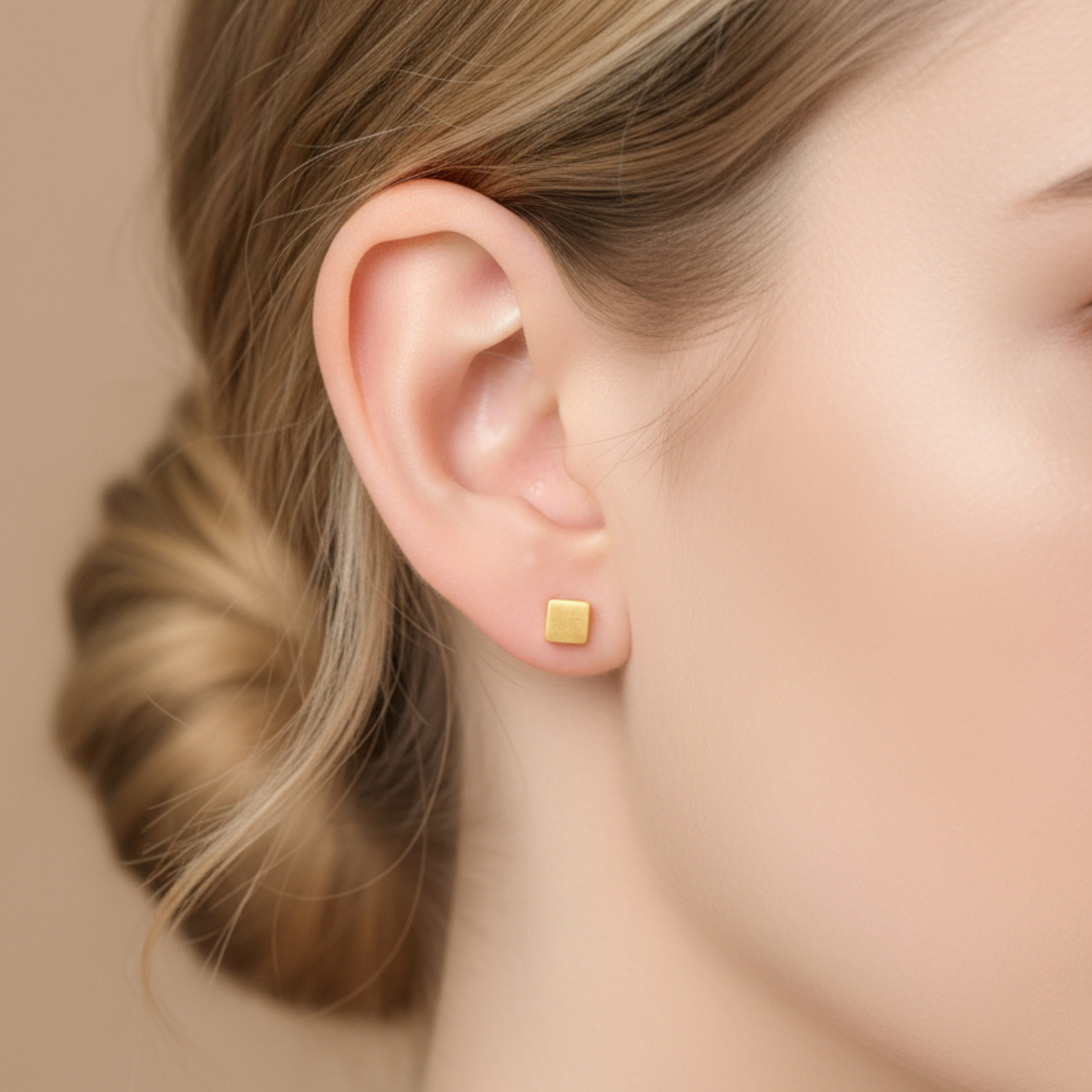 24K 999 Gold Miniature Cube Square Minimal Simple Shape Stud Earrings