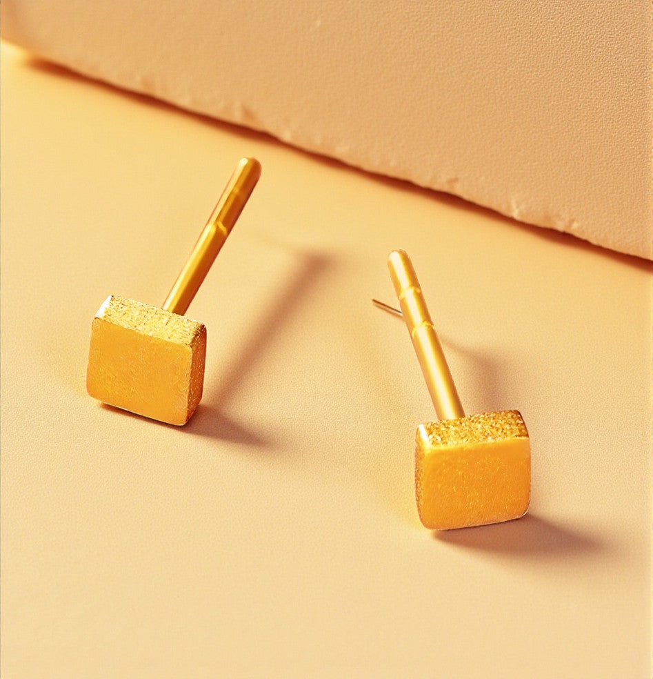 24K 999 Gold Miniature Cube Square Minimal Simple Shape Stud Earrings