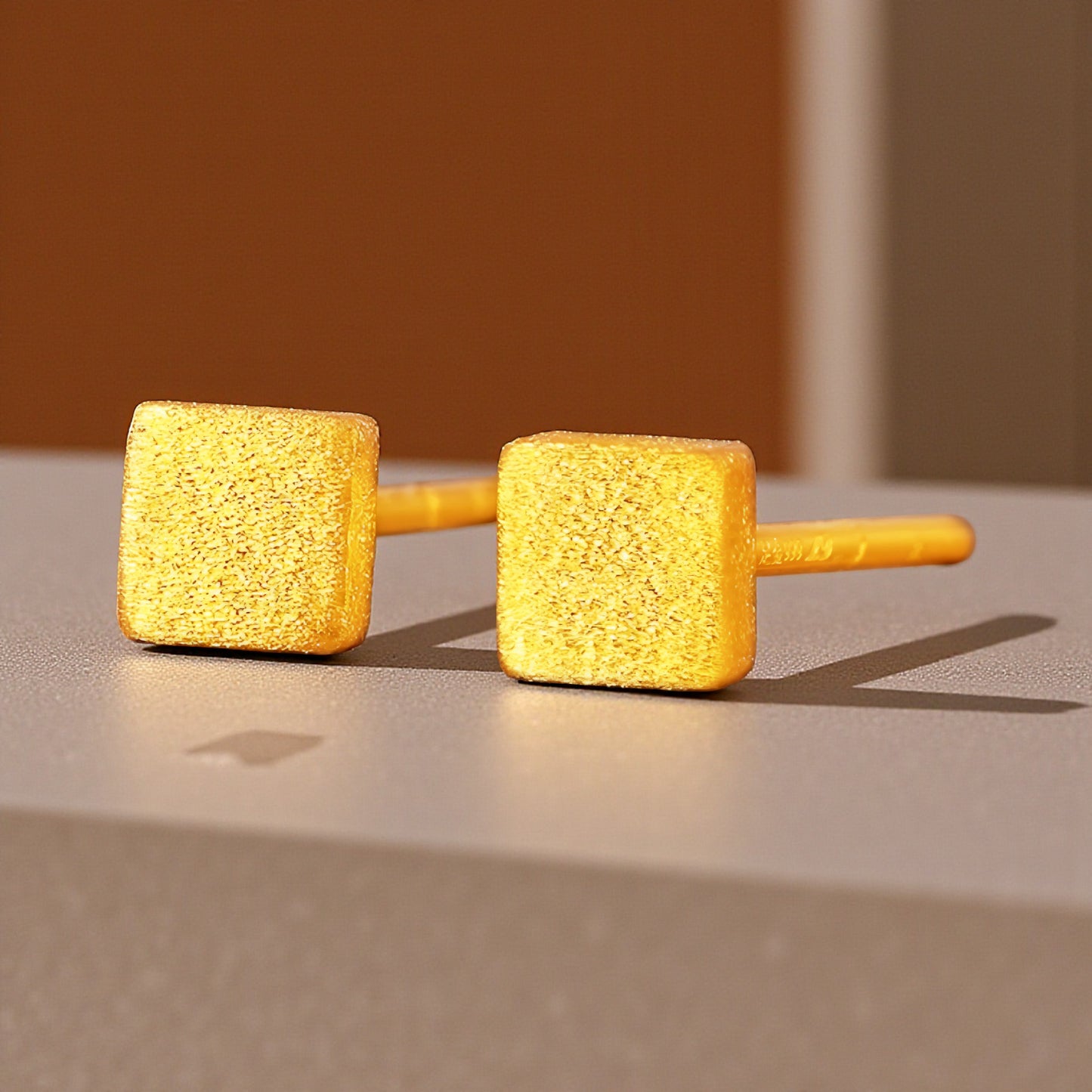 24K 999 Gold Miniature Cube Square Minimal Simple Shape Stud Earrings