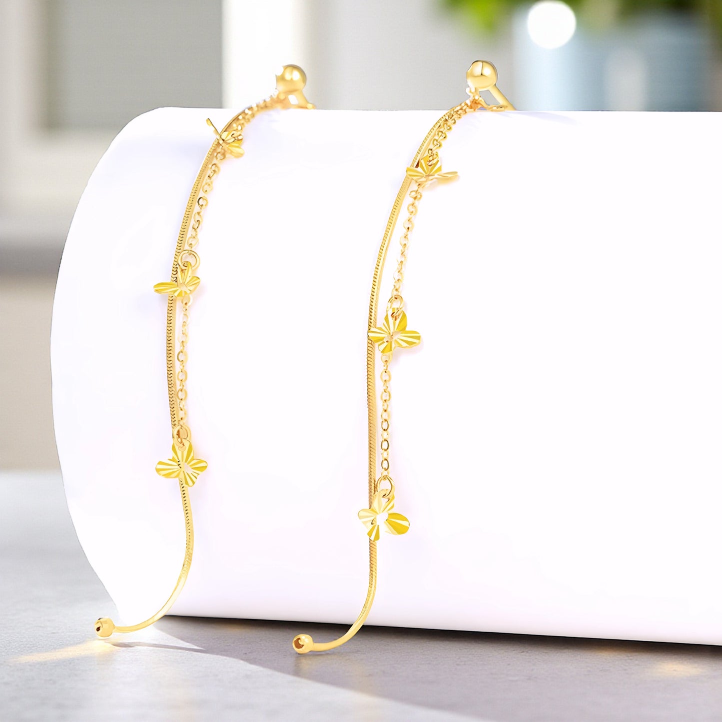 18K Gold Trendy Butterfly Charm Chain Long Tassel Earrings