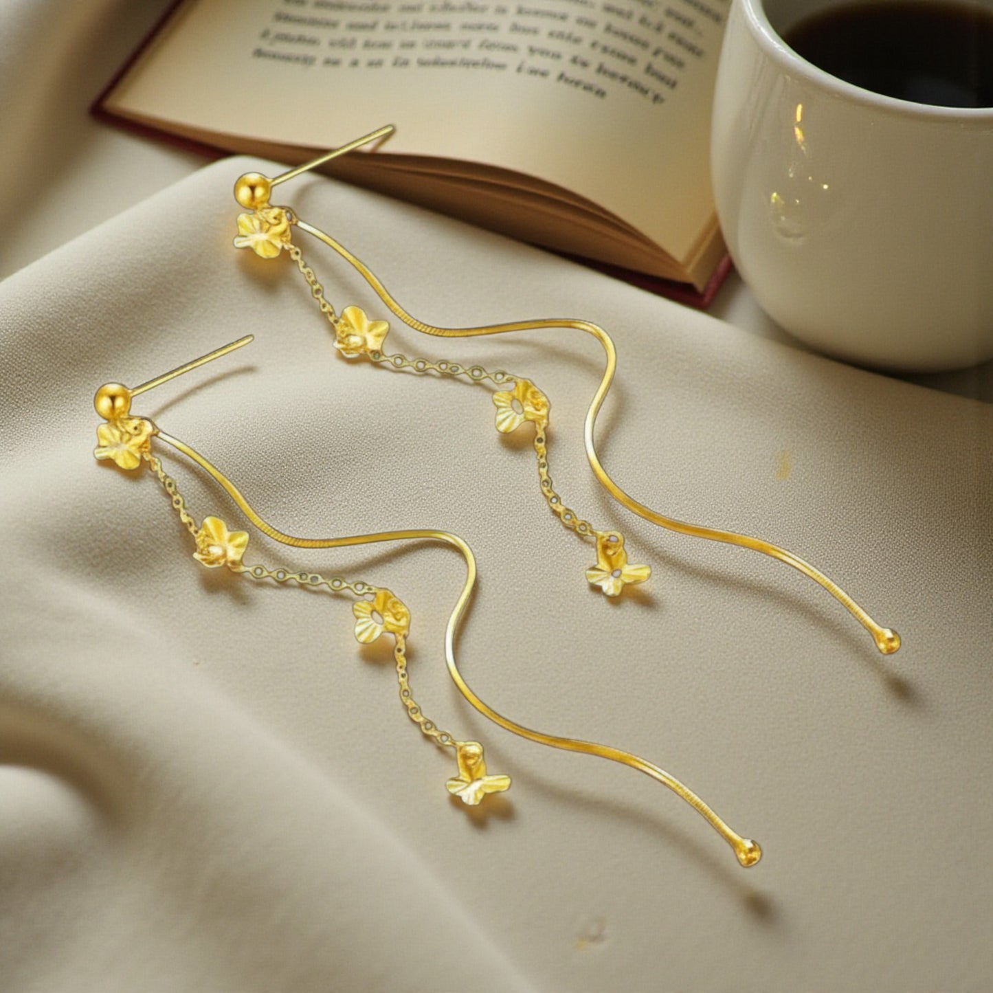 18K Gold Trendy Butterfly Charm Chain Long Tassel Earrings