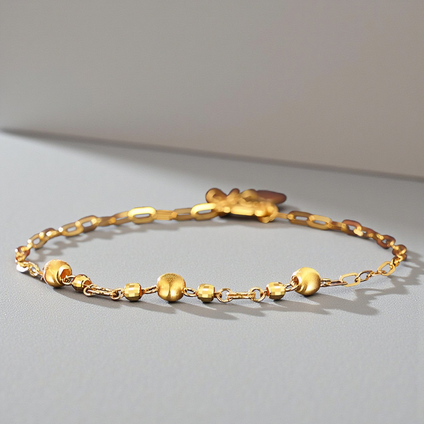 24K Yellow Gold Cat Eye Shinning Beads Charm Chain Bracelet